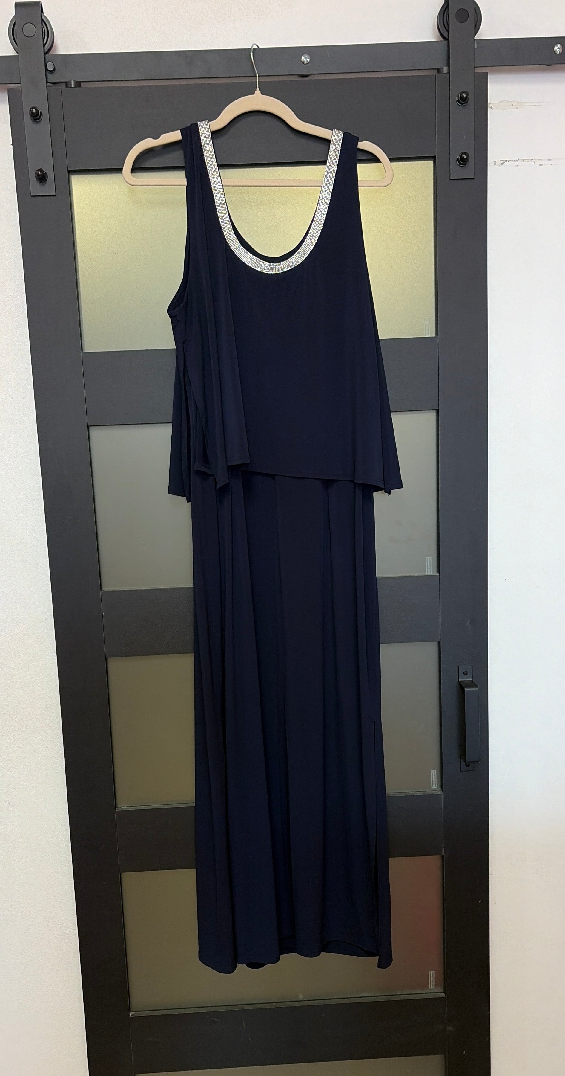 Navy gown with silver beaded neckline