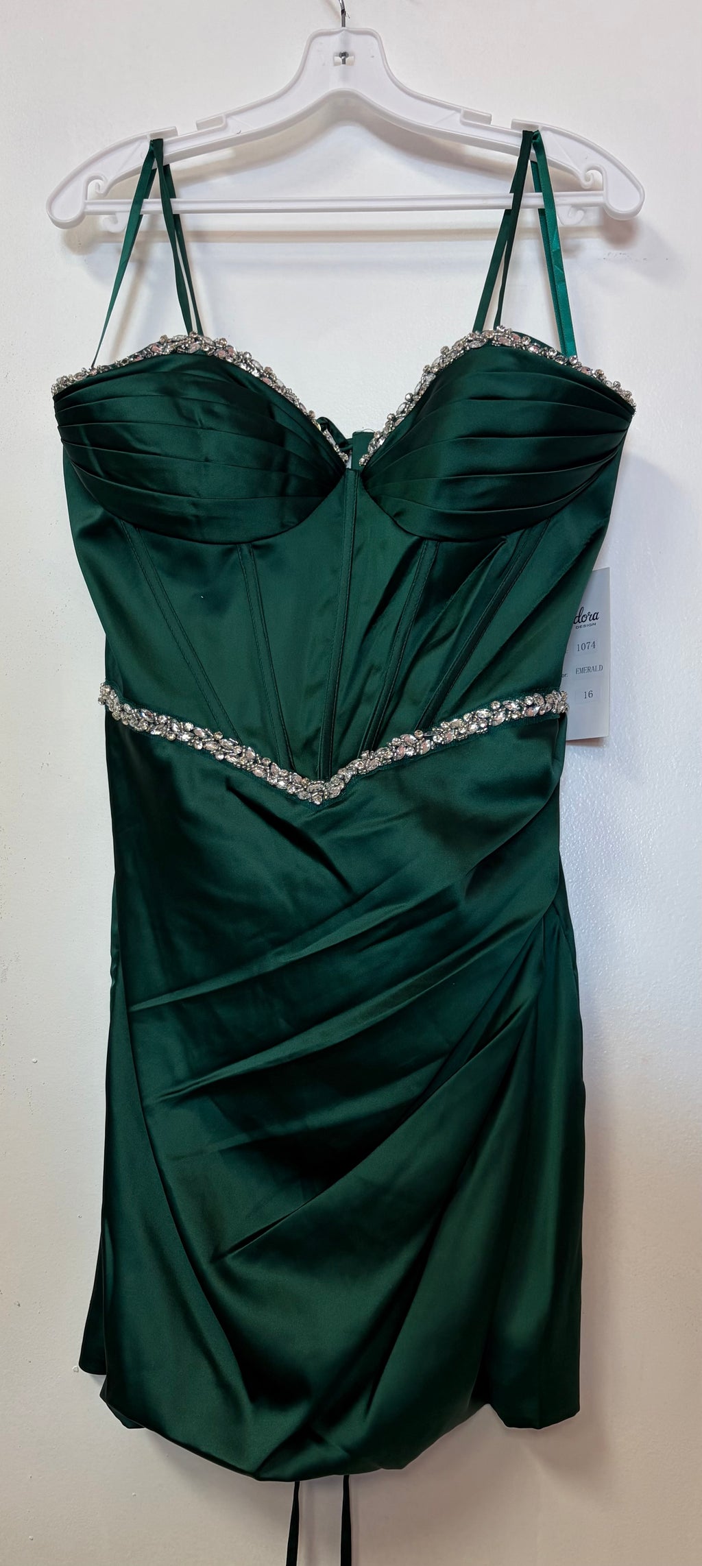 Adora 1074 Emerald Satin Corset Homecoming Dress with Crystal Trim and Draped Skirt