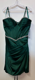 Adora 1074 Emerald Satin Corset Homecoming Dress with Crystal Trim and Draped Skirt