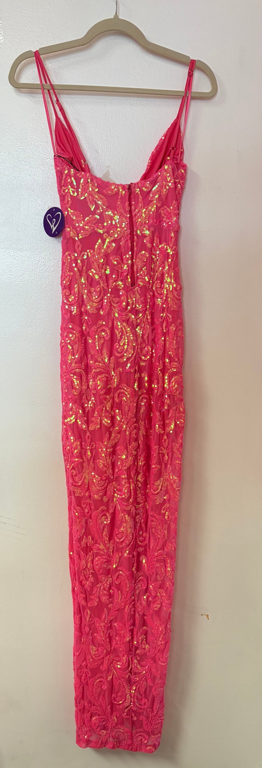 Windsor Hot Pink Iridescent Sequin Lace Evening Gown with Cowl Neck and High Slit