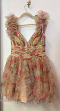Jovani 40505 Pink Watercolor Floral Homecoming Dress with Removable Ruffle Sleeves and Layered Skirt