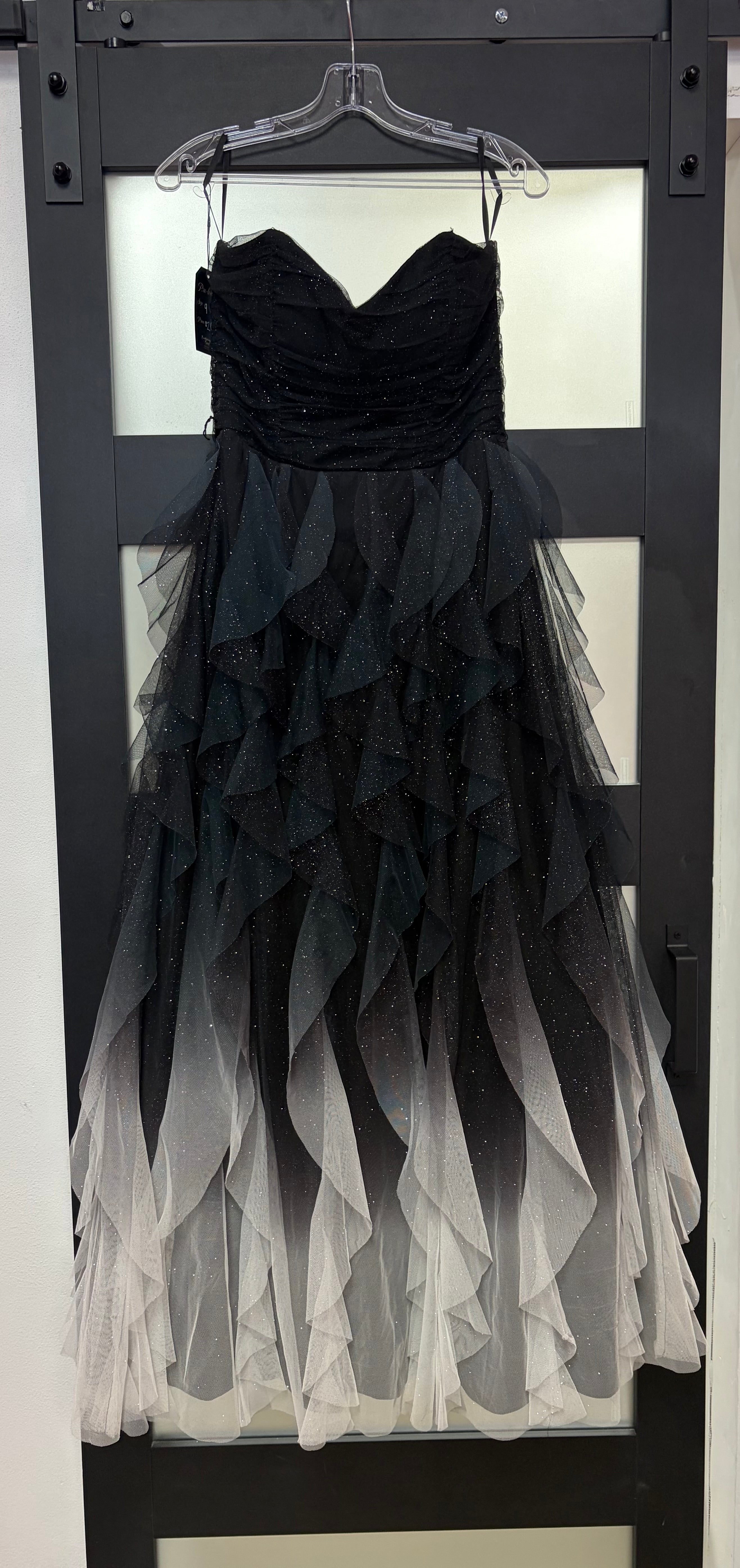 Black Ombre Glitter Tulle Ruffle Formal Gown