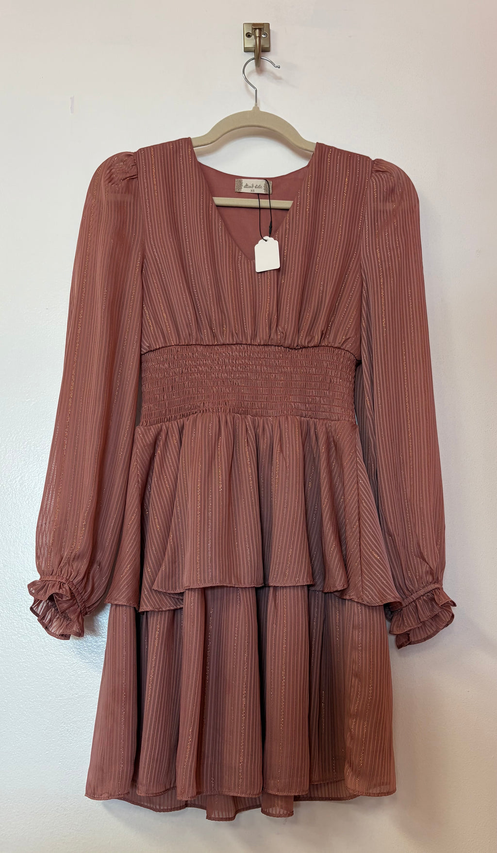 Altar’d State Mauve Shimmer Tiered Mini Dress with Smocked Waist and Long Sleeves