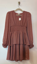 Altar’d State Mauve Shimmer Tiered Mini Dress with Smocked Waist and Long Sleeves