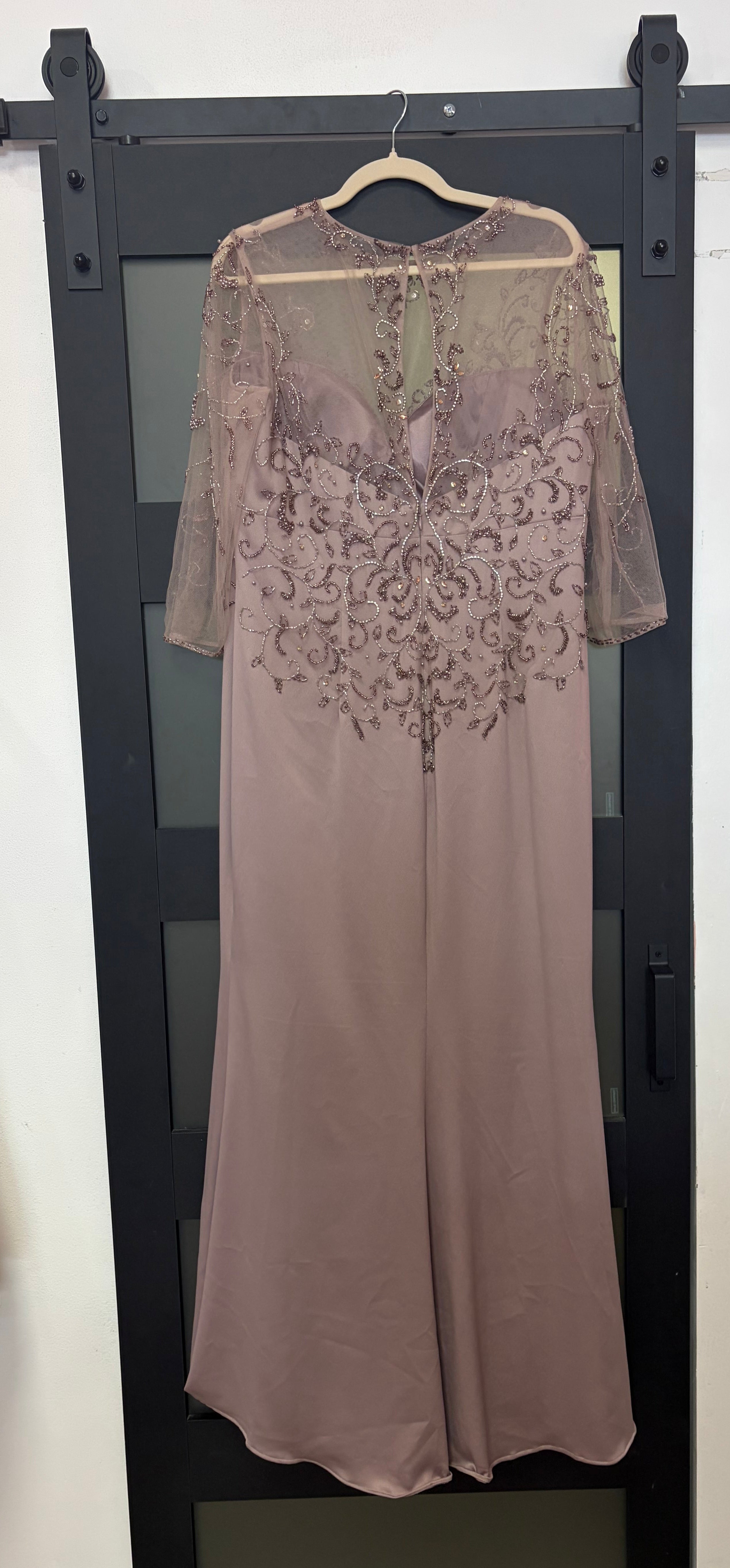 Mon Cheri #115973 Taupe Beaded Illusion Sleeve Formal Gown
