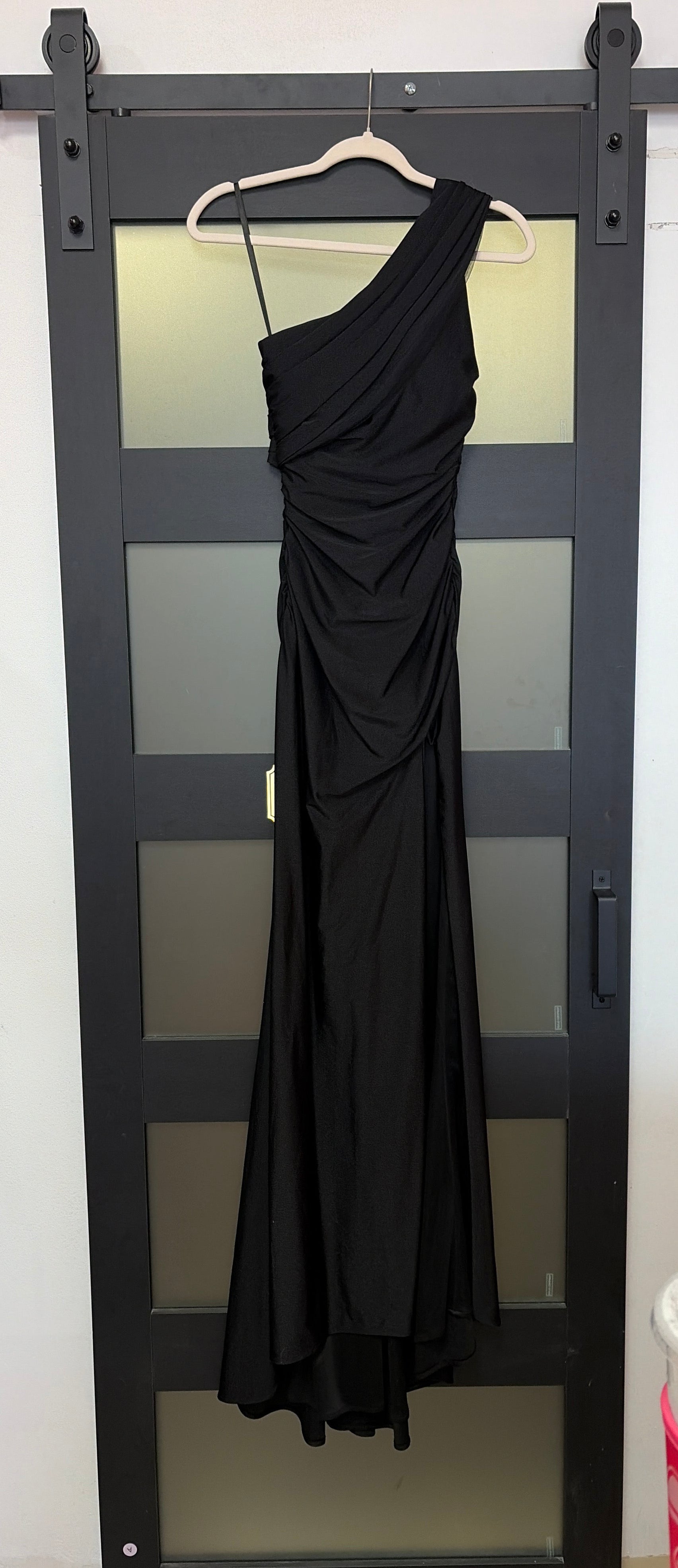 La Femme 29619 one shoulder elegant black gown