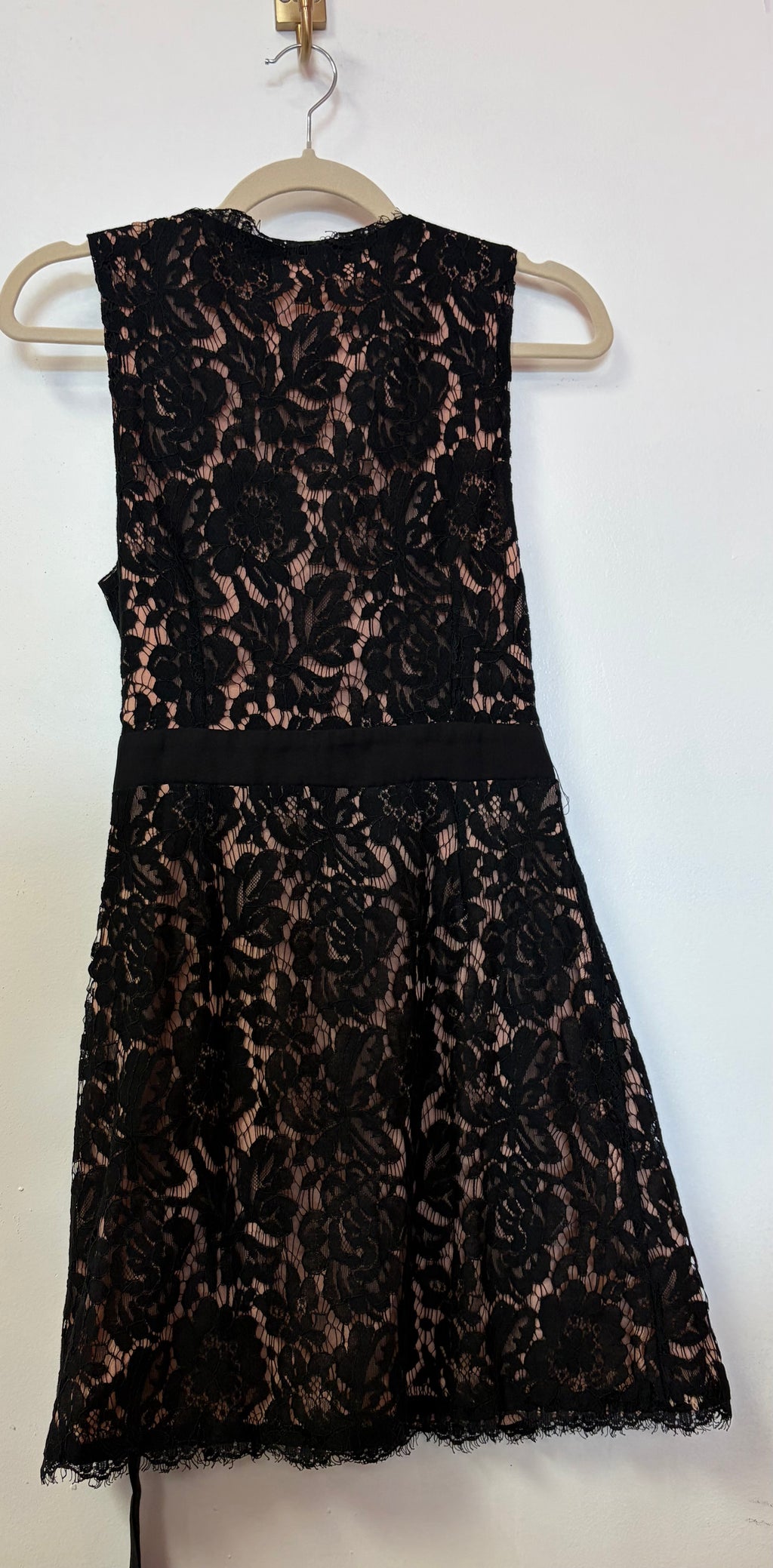 Impressions Black and Blush Lace Wrap Dress with Satin Waist Tie