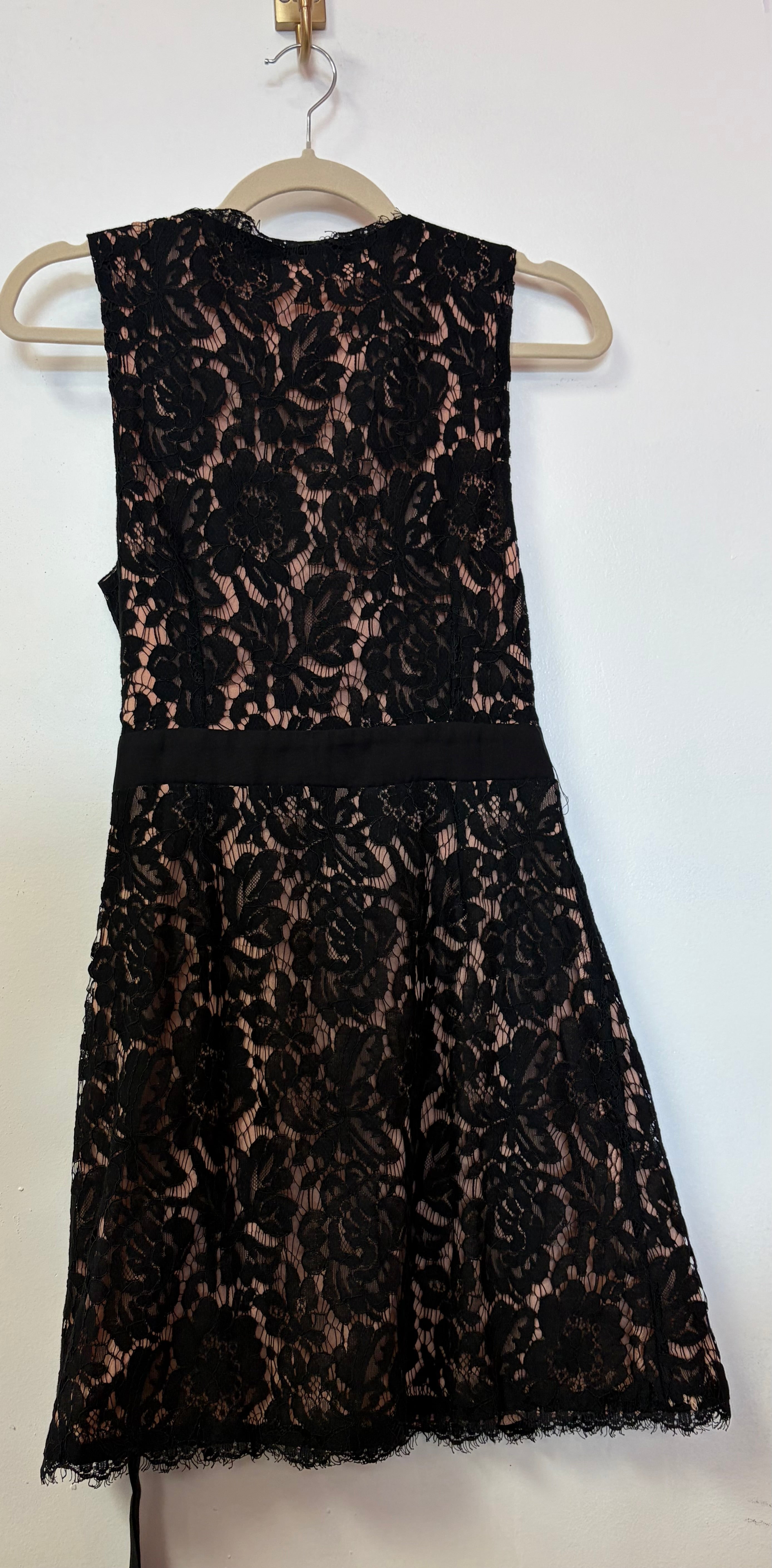 Impressions Black and Blush Lace Wrap Dress with Satin Waist Tie