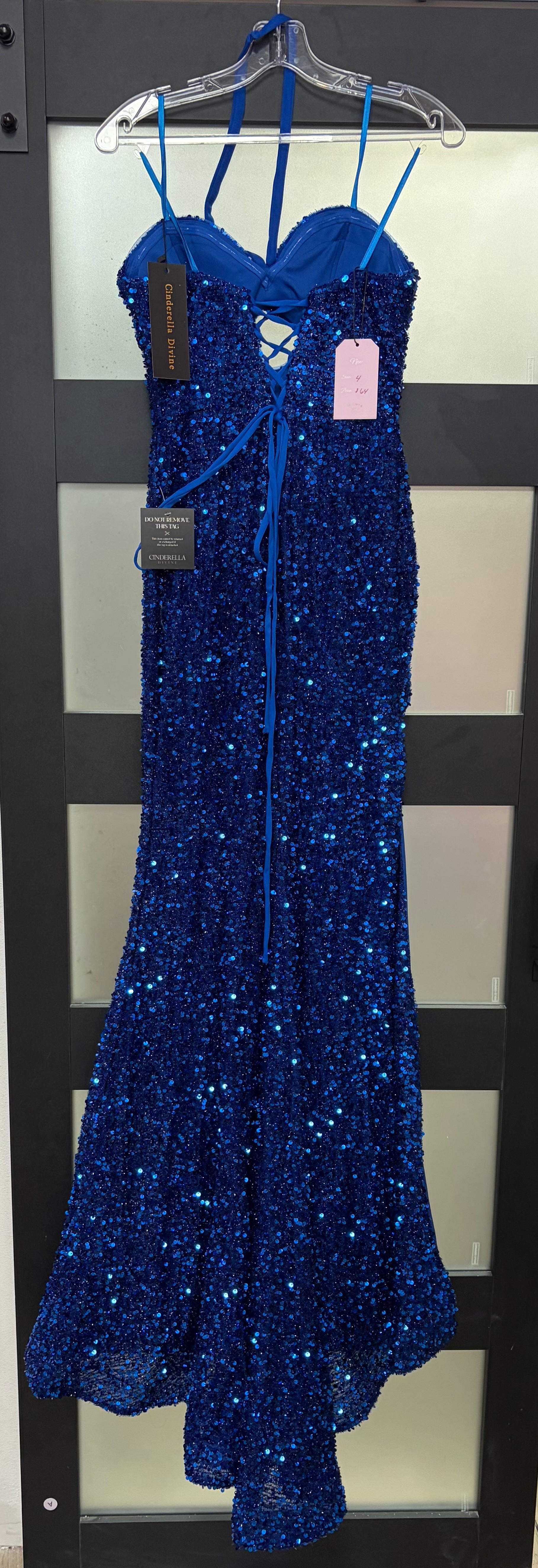 Cinderella Divine CD883 Royal Blue Sequin Halter Gown with Lace-Up Back
