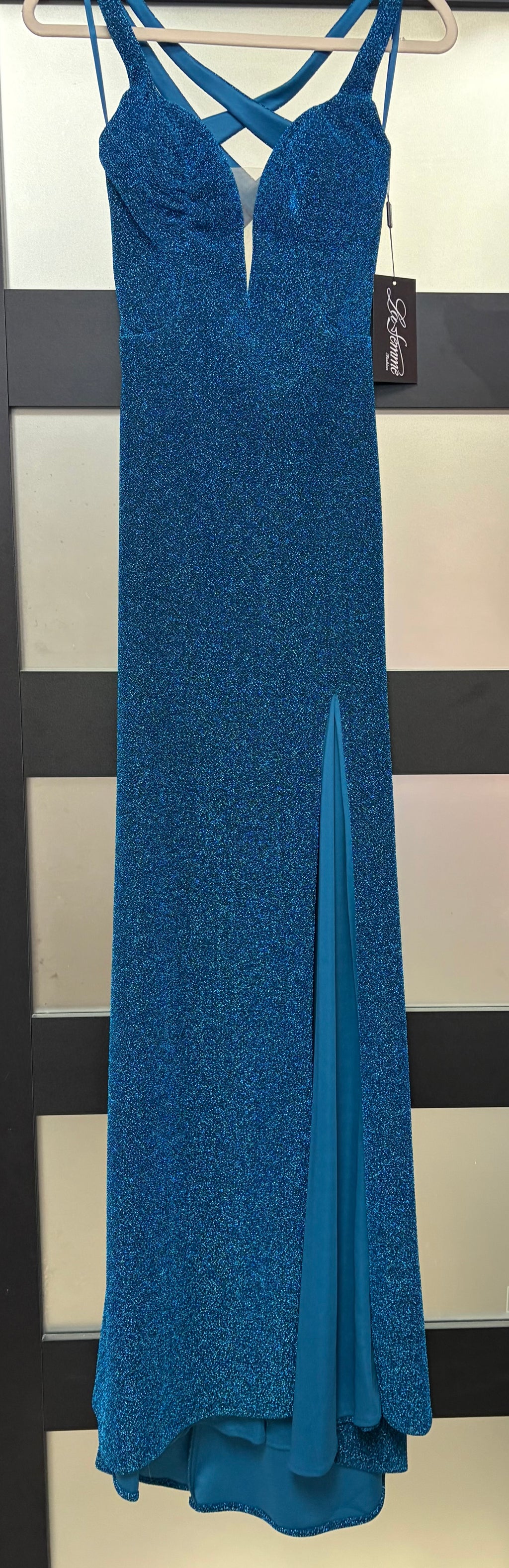 La Femme 25901 Peacock Blue Glitter Column Gown with Open Back