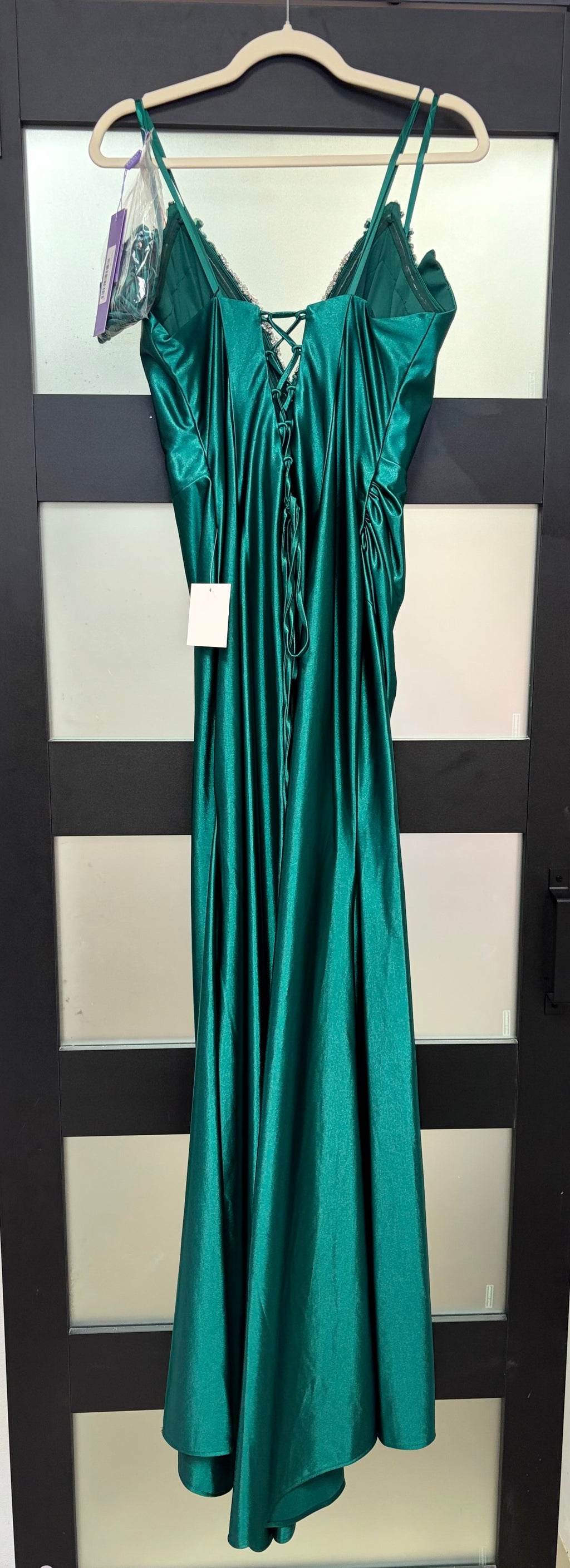 LaDivine CDS528 Emerald Satin Corset Prom Dress with Crystal Embellished Neckline