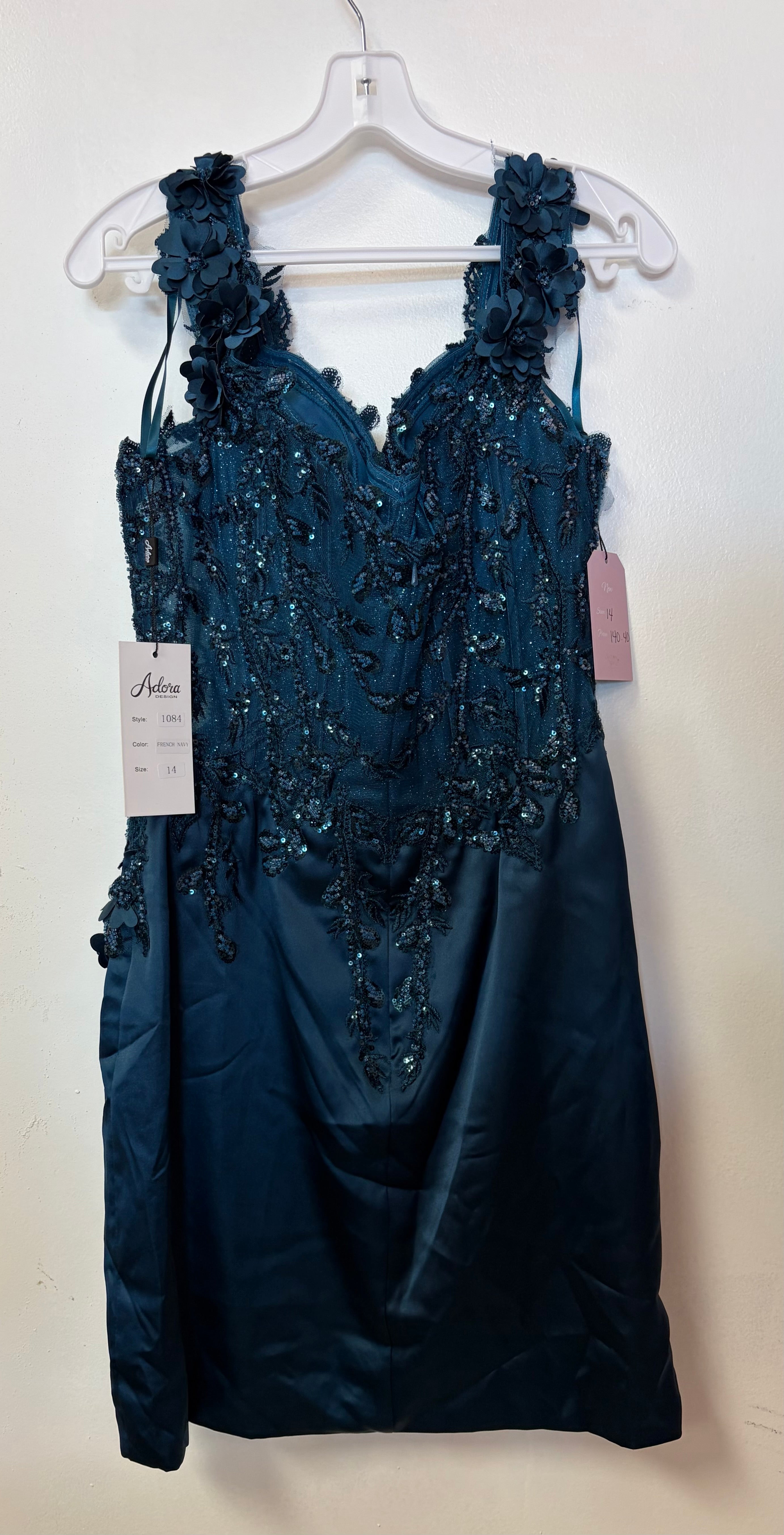 Adora 1084 Navy Sequin Lace Homecoming Dress with 3D Floral Shoulder Straps