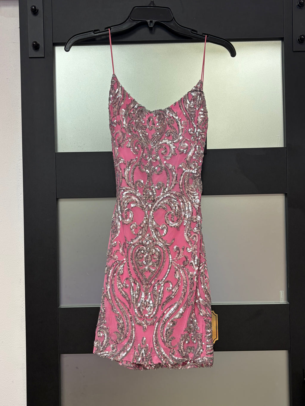 B Darlin Hot Pink Sequin Scroll Homecoming Dress with Open Back