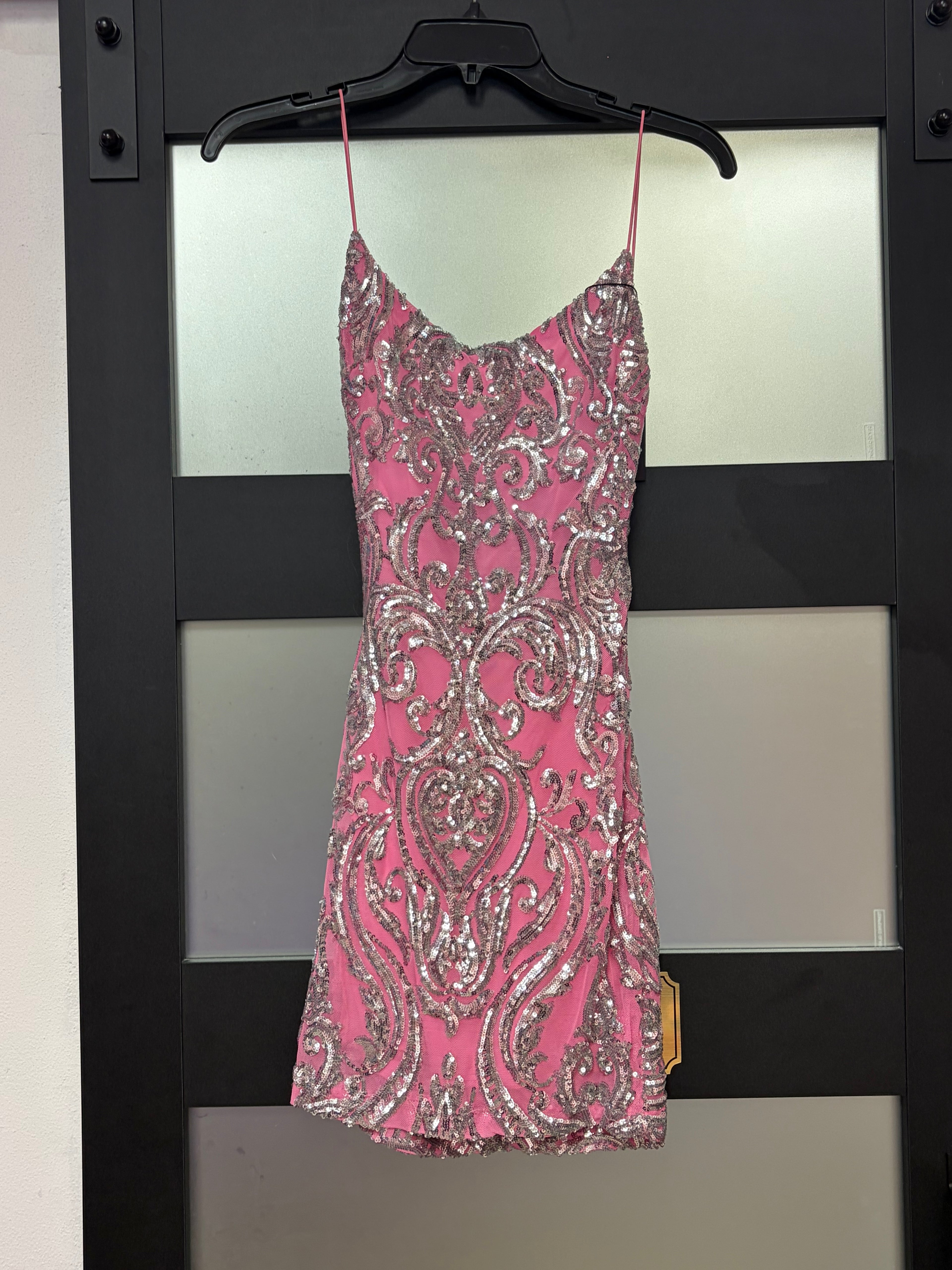 B Darlin Hot Pink Sequin Scroll Homecoming Dress with Open Back