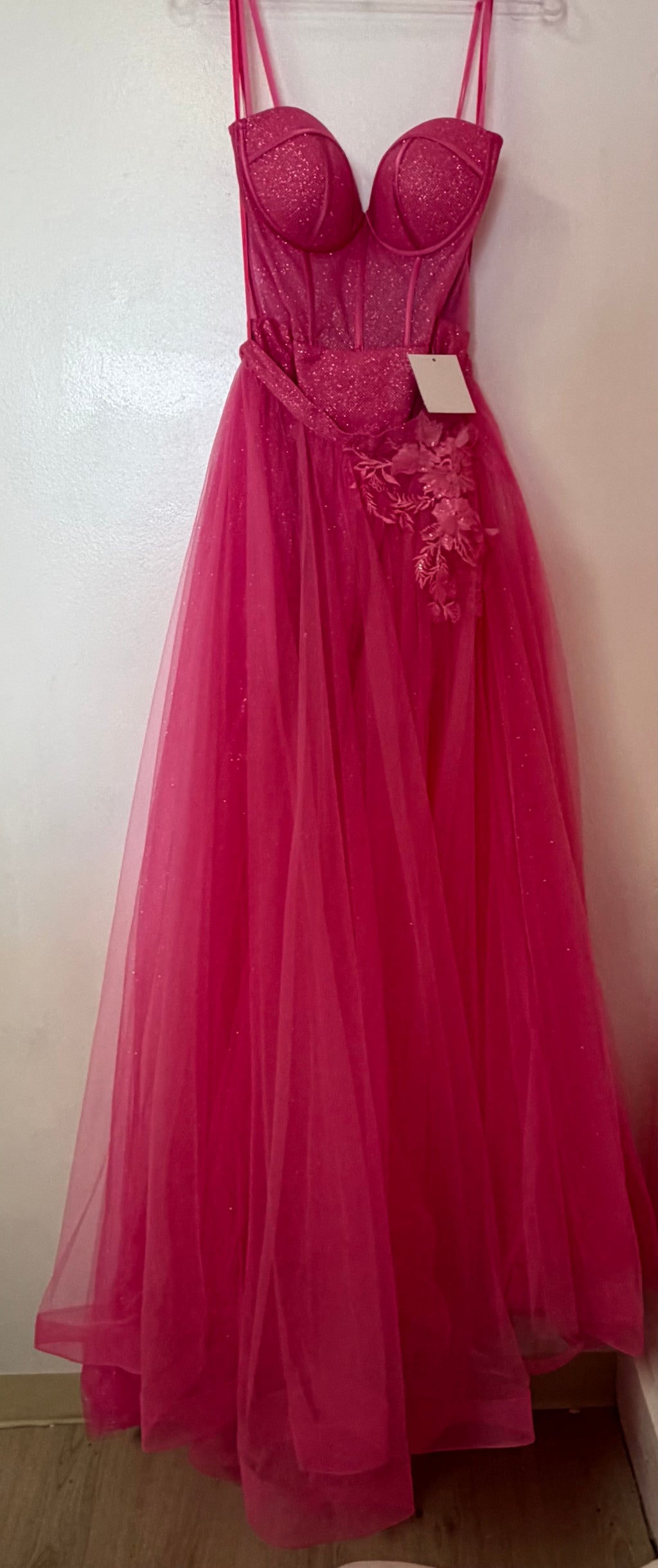 LaDivine CB146 Hot Pink Glitter Corset Homecoming Dress with Removable Tulle Overskirt