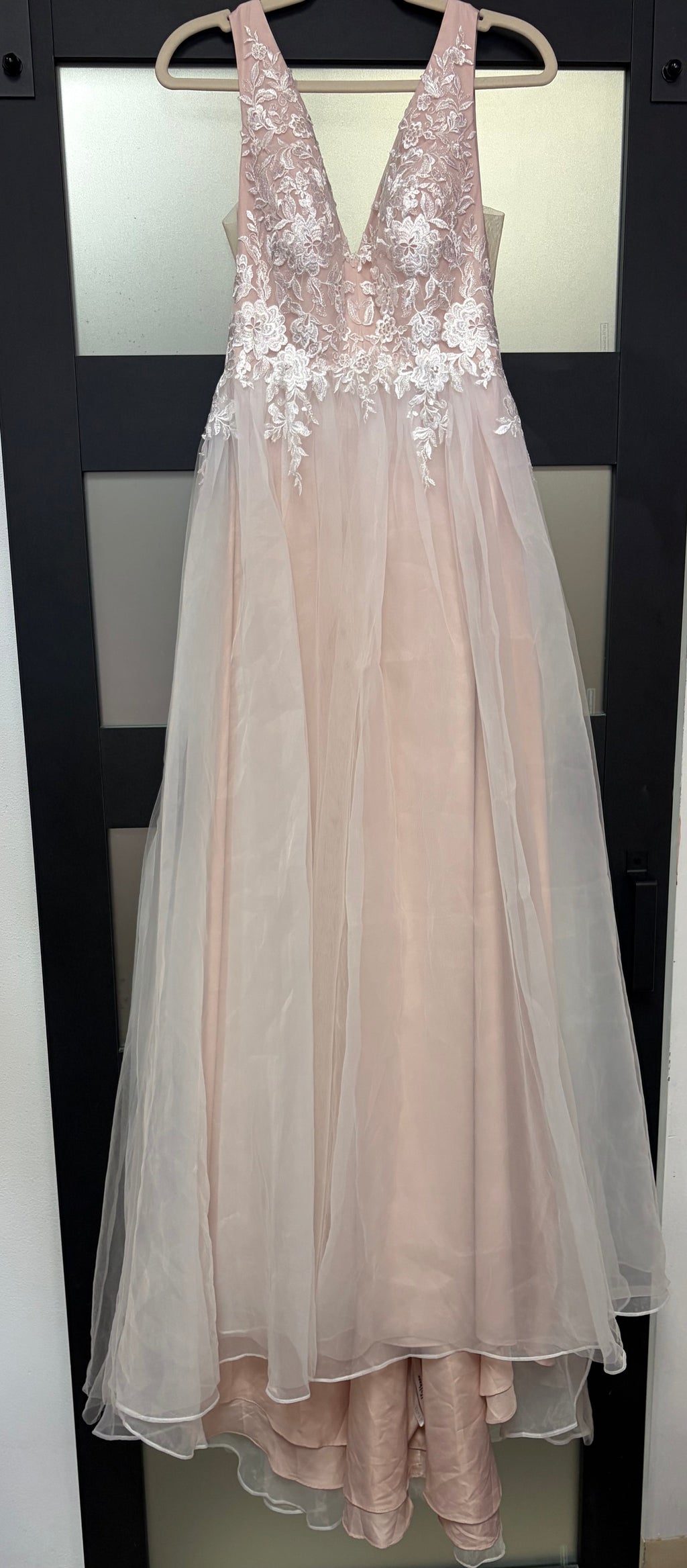 JJ’s House Blush Lace A-Line Formal Gown with Deep V Back
