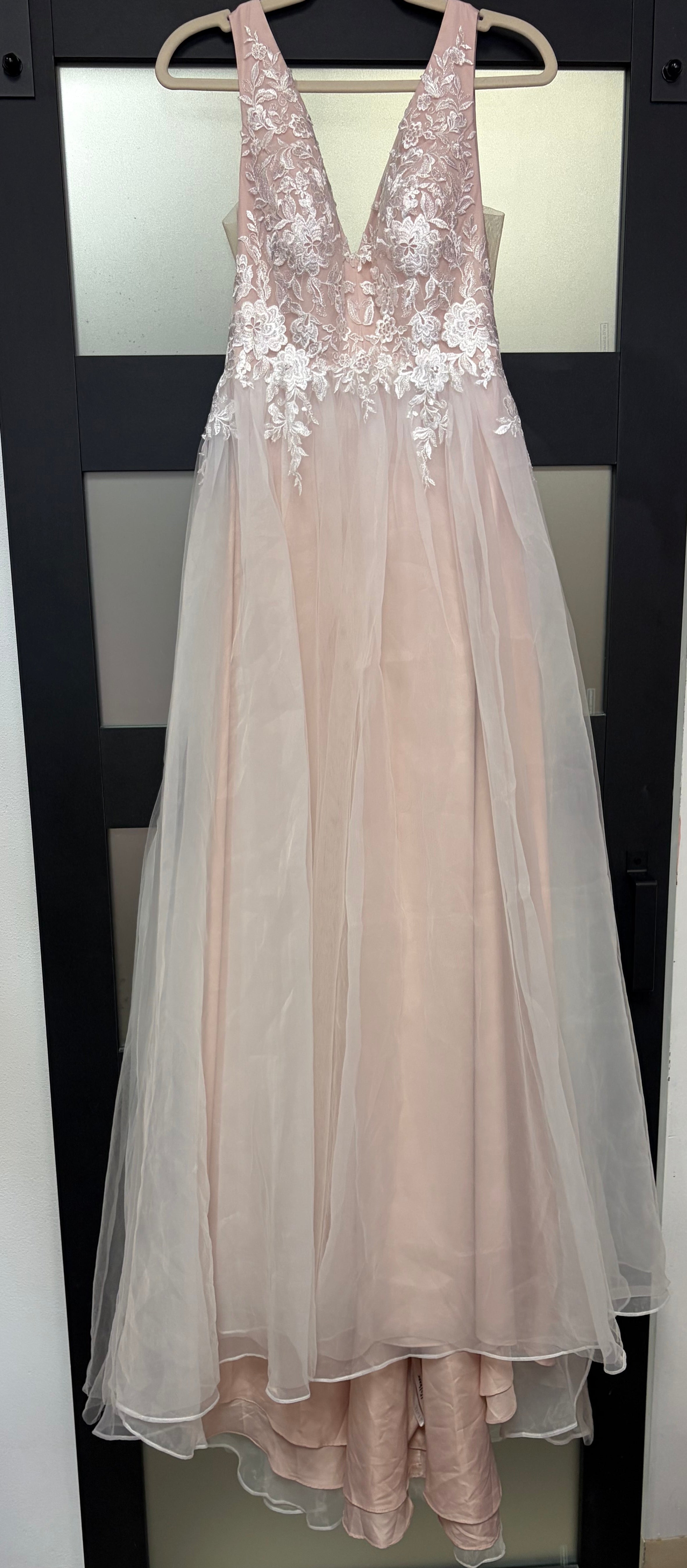 JJ’s House Blush Lace A-Line Formal Gown with Deep V Back
