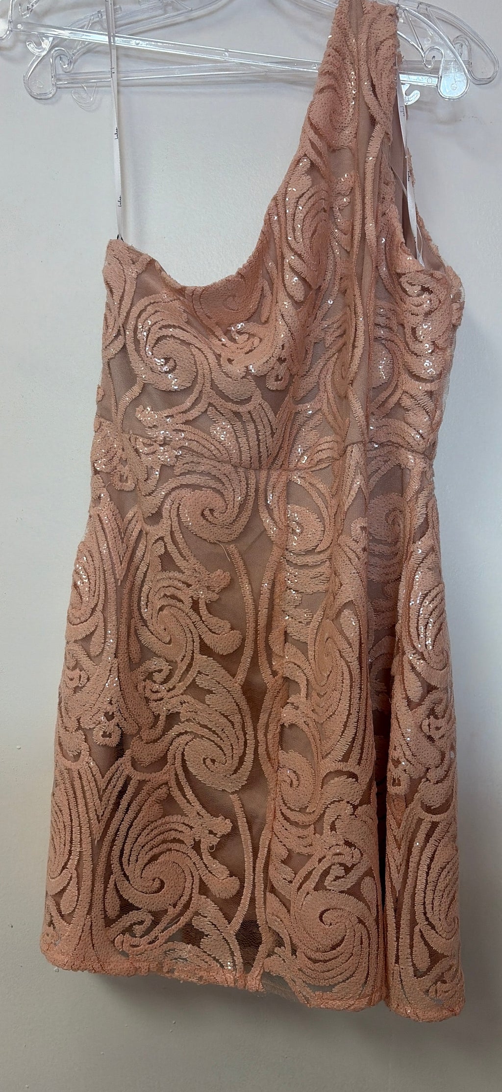 Lulus Blush Pink One-Shoulder Sequin Lace Homecoming Dress