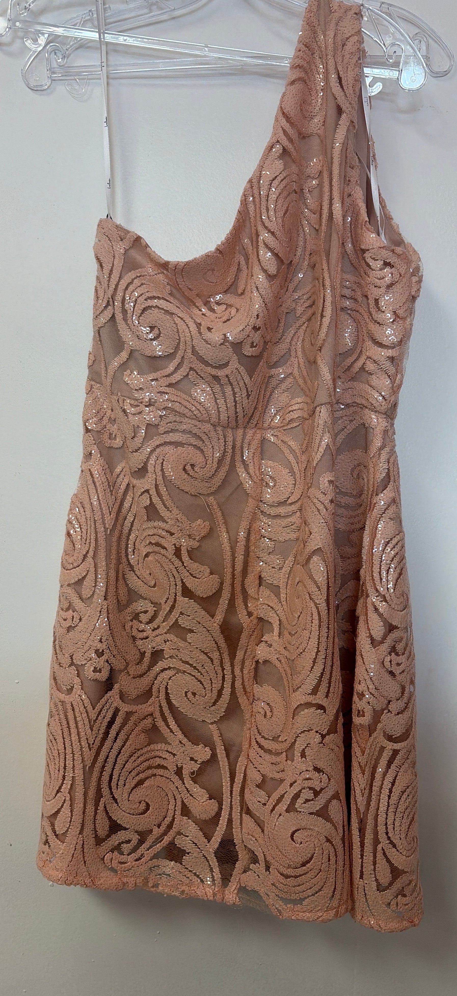 Lulus Blush Pink One-Shoulder Sequin Lace Homecoming Dress
