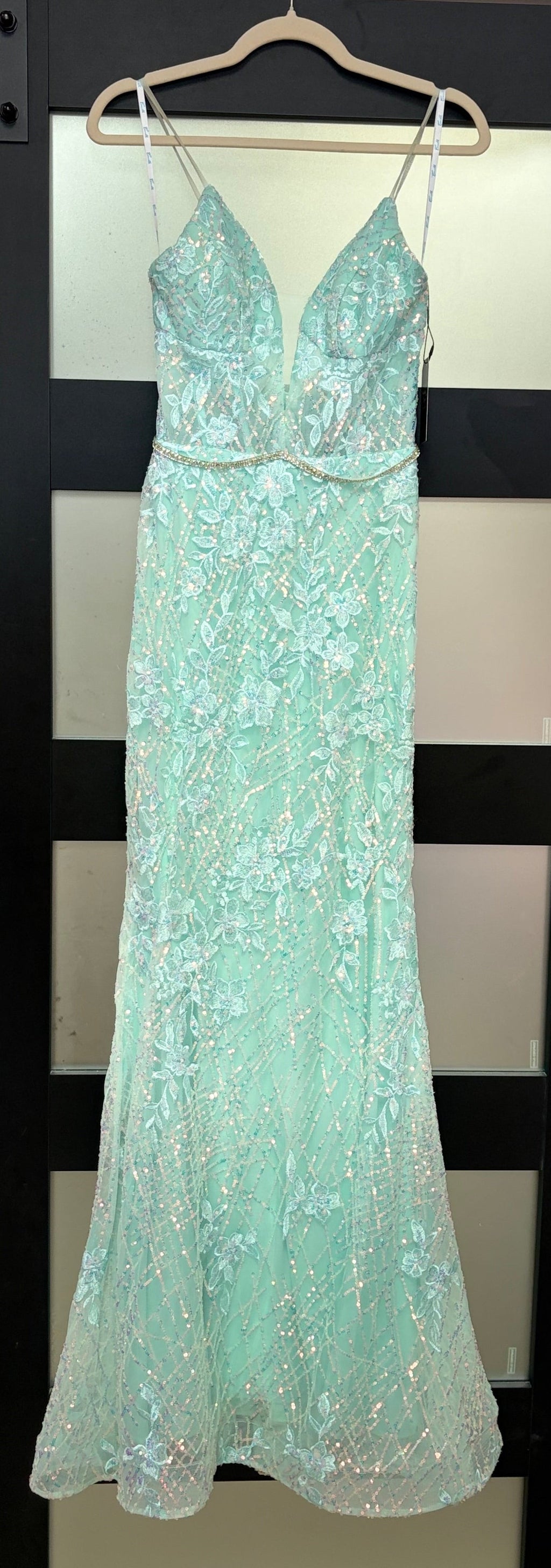 Camille La Vie Mint Floral Beaded Mermaid Prom Dress with Illusion Plunge