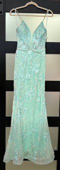 Camille La Vie Mint Floral Beaded Mermaid Prom Dress with Illusion Plunge