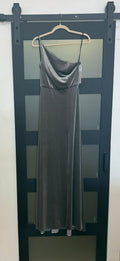 After six grey velvet one shoulder floor length down