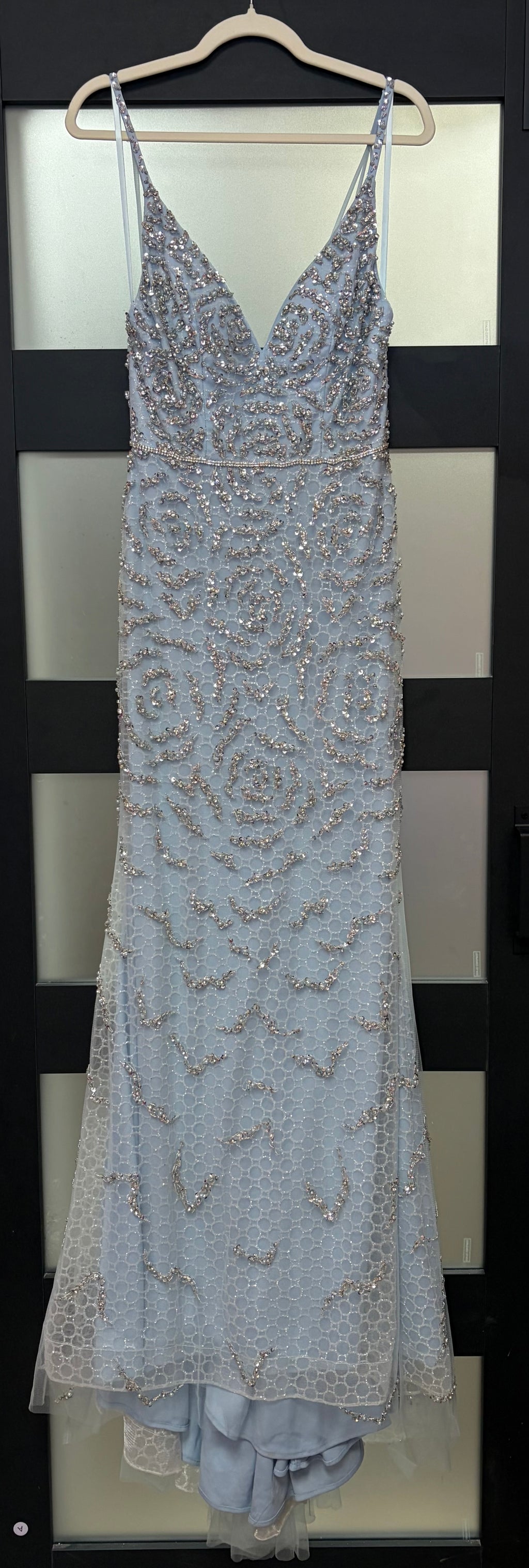 GB Dusty Blue Beaded Mesh Evening Gown with Illusion Overlay