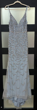 GB Dusty Blue Beaded Mesh Evening Gown with Illusion Overlay