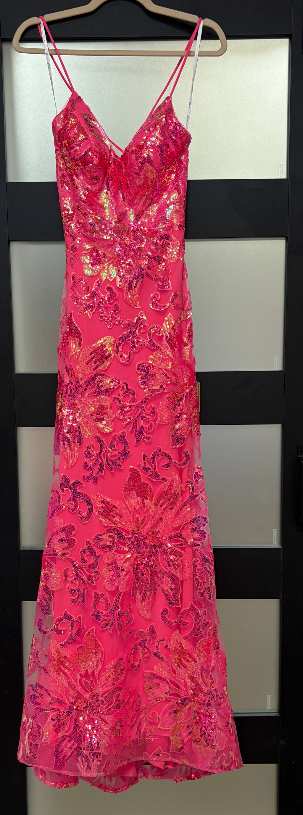 Camille La Vie Hot Pink Sequin Floral Mermaid Gown with Lace-Up Back