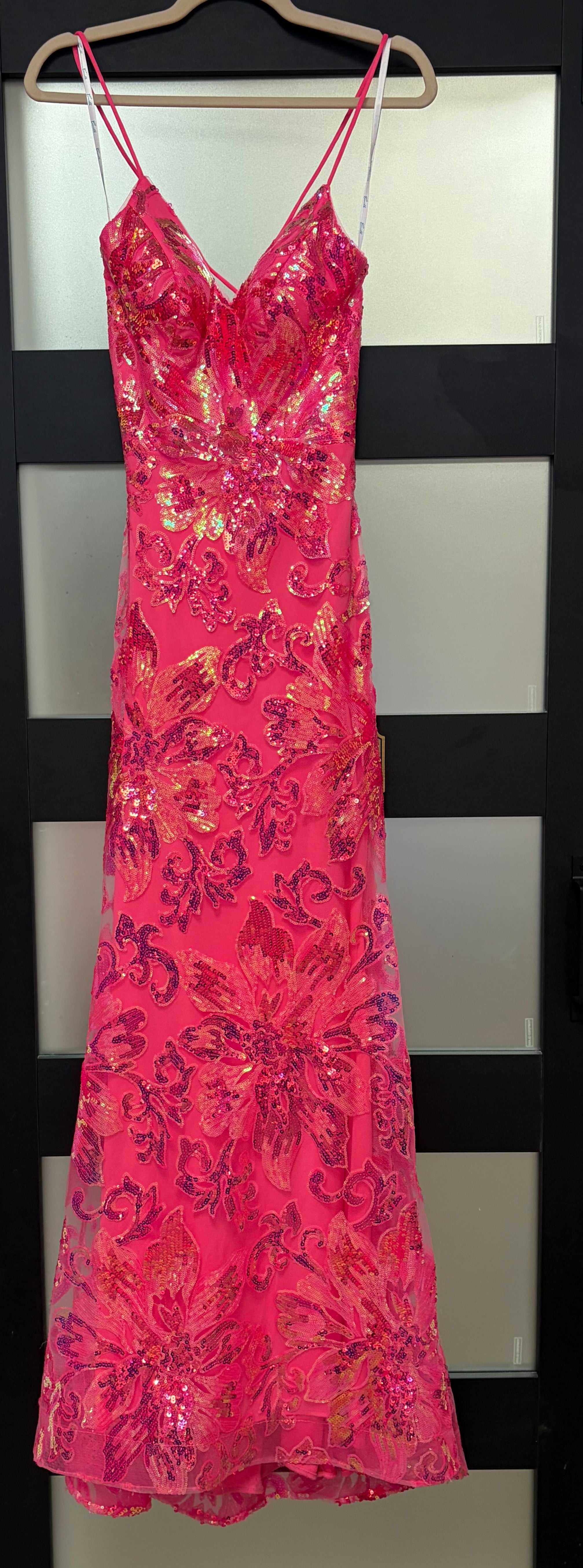 Camille La Vie Hot Pink Sequin Floral Mermaid Gown with Lace-Up Back