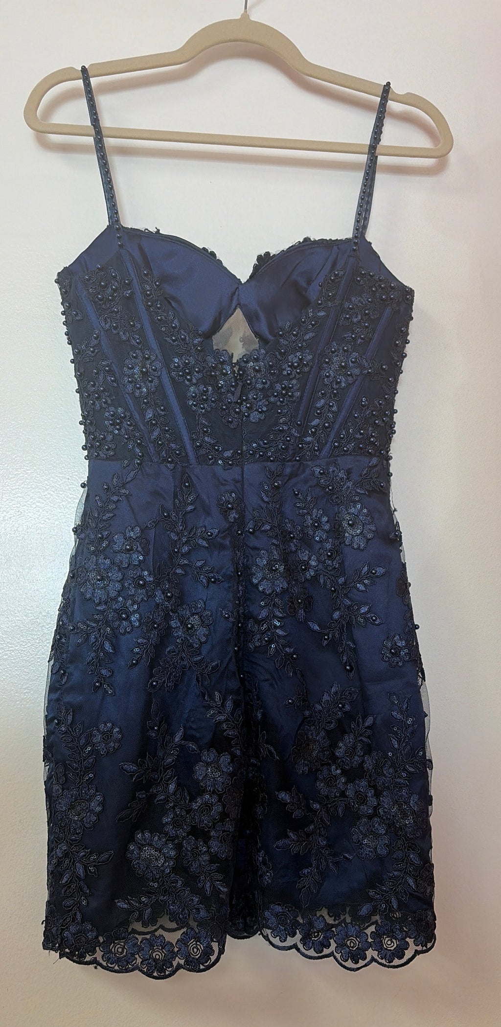 Furrla Navy Blue Beaded Floral Lace Homecoming Dress with Illusion Corset Bodice