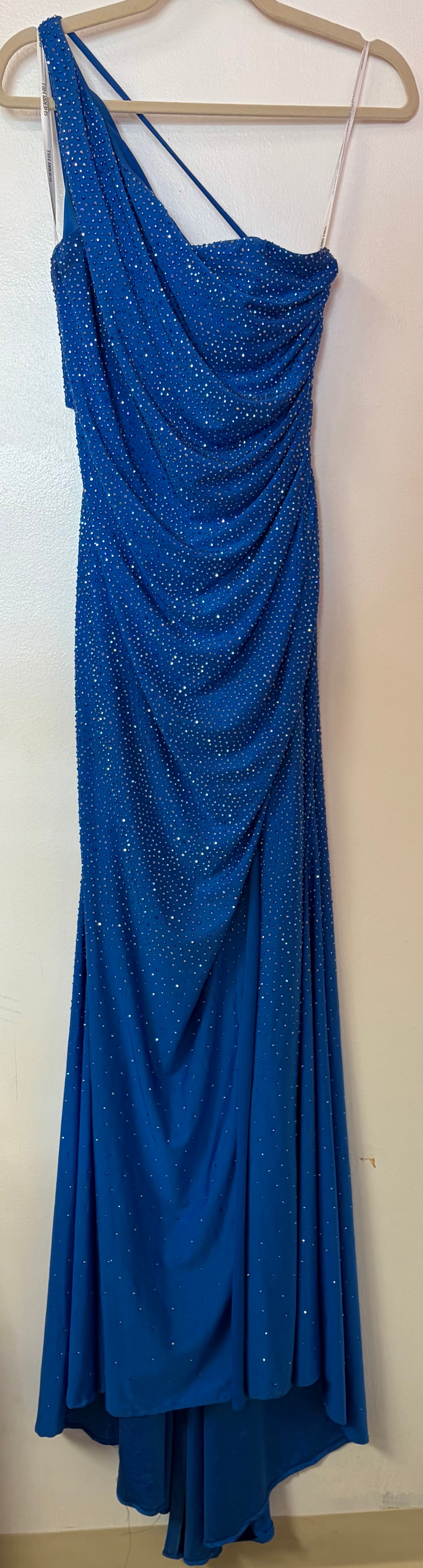 Sherri Hill 54958 Royal Blue One-Shoulder Rhinestone Gown with Open Back