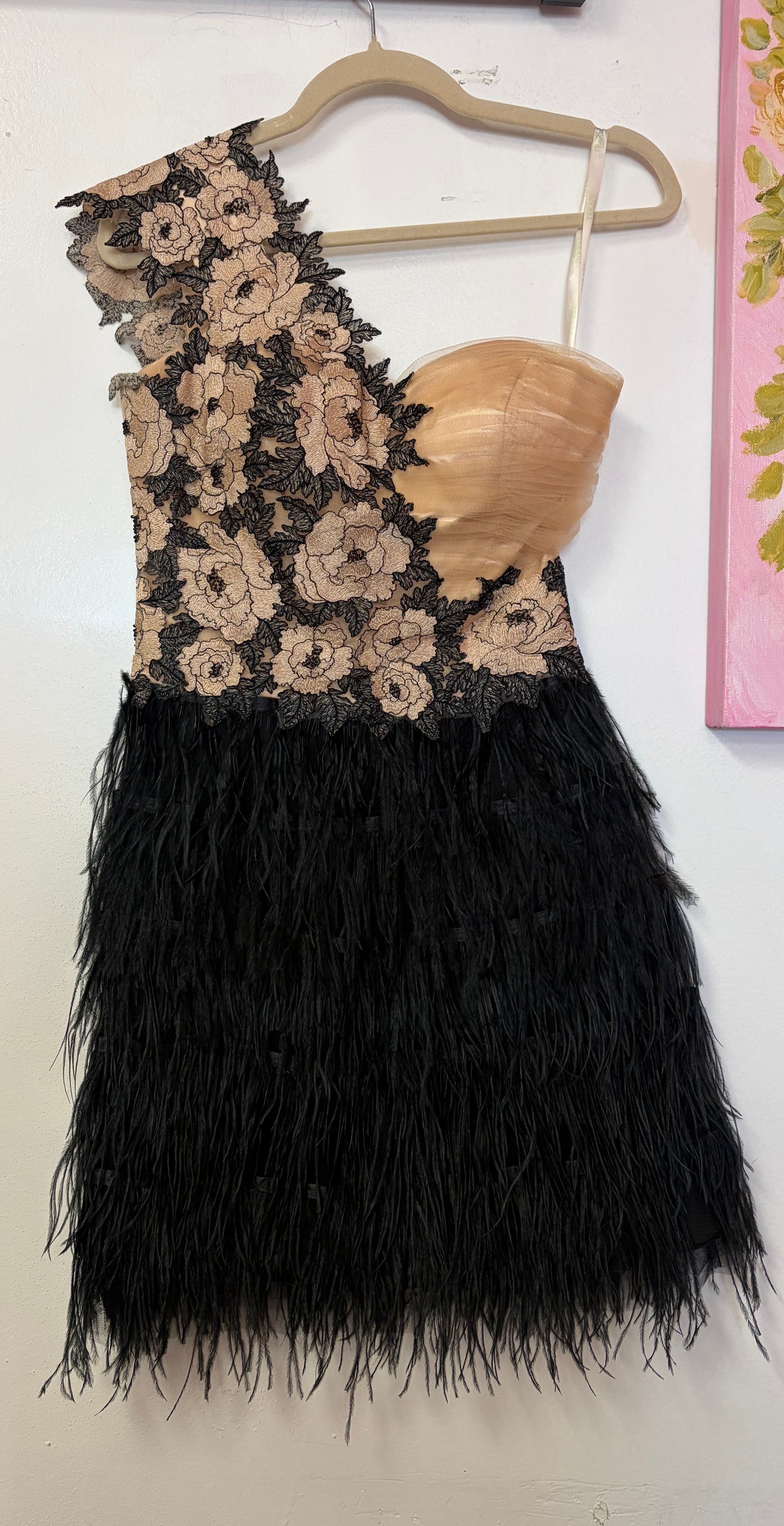 Terani Couture Black & Nude Floral Lace Feather Cocktail Dress