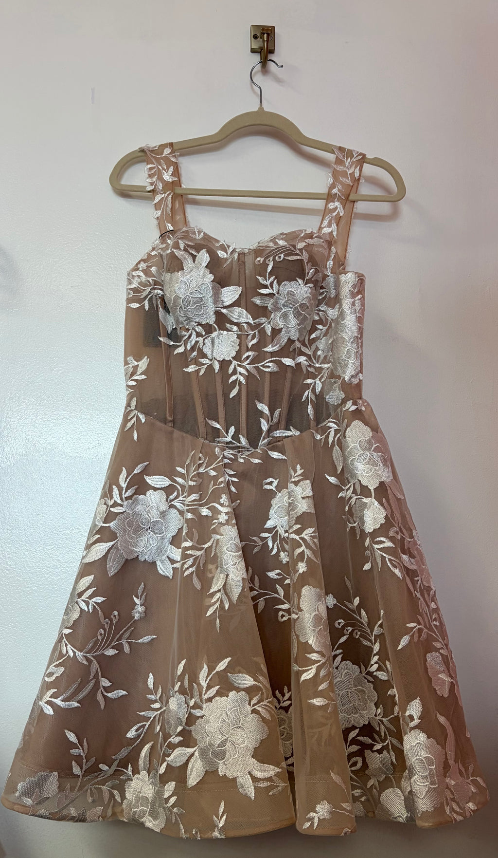 Champagne Floral Embroidered Homecoming Dress with Illusion Corset Bodice