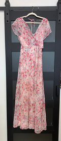 Birdy Grey Pink Watercolor Floral Flutter Sleeve Maxi Dress