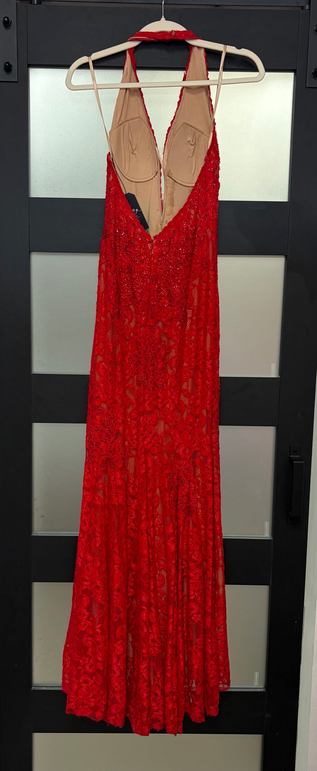 Jovani 41238 Red Beaded Halter Lace Gown with Plunging Neckline