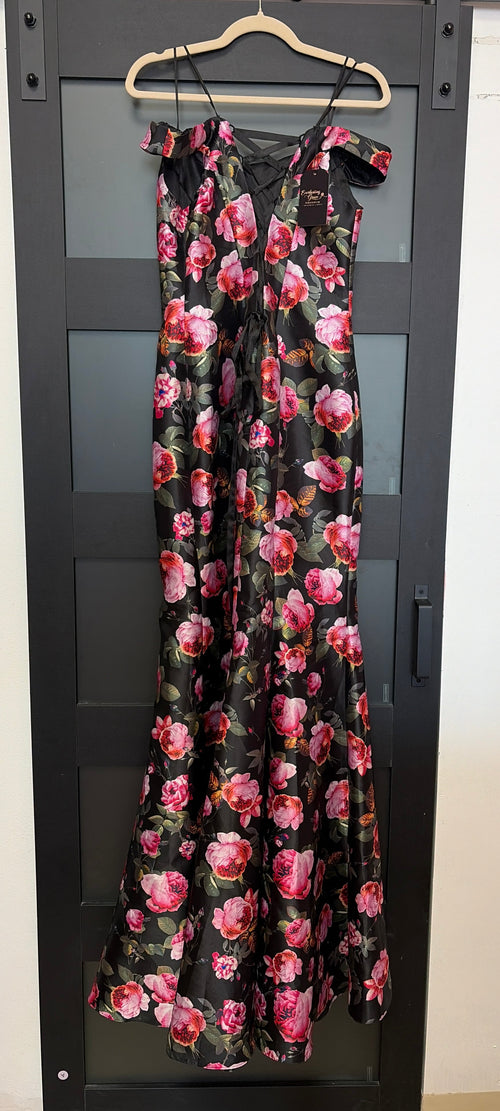 Black off the shoulder La Femme mermaid style gown with floral detail and lace up back