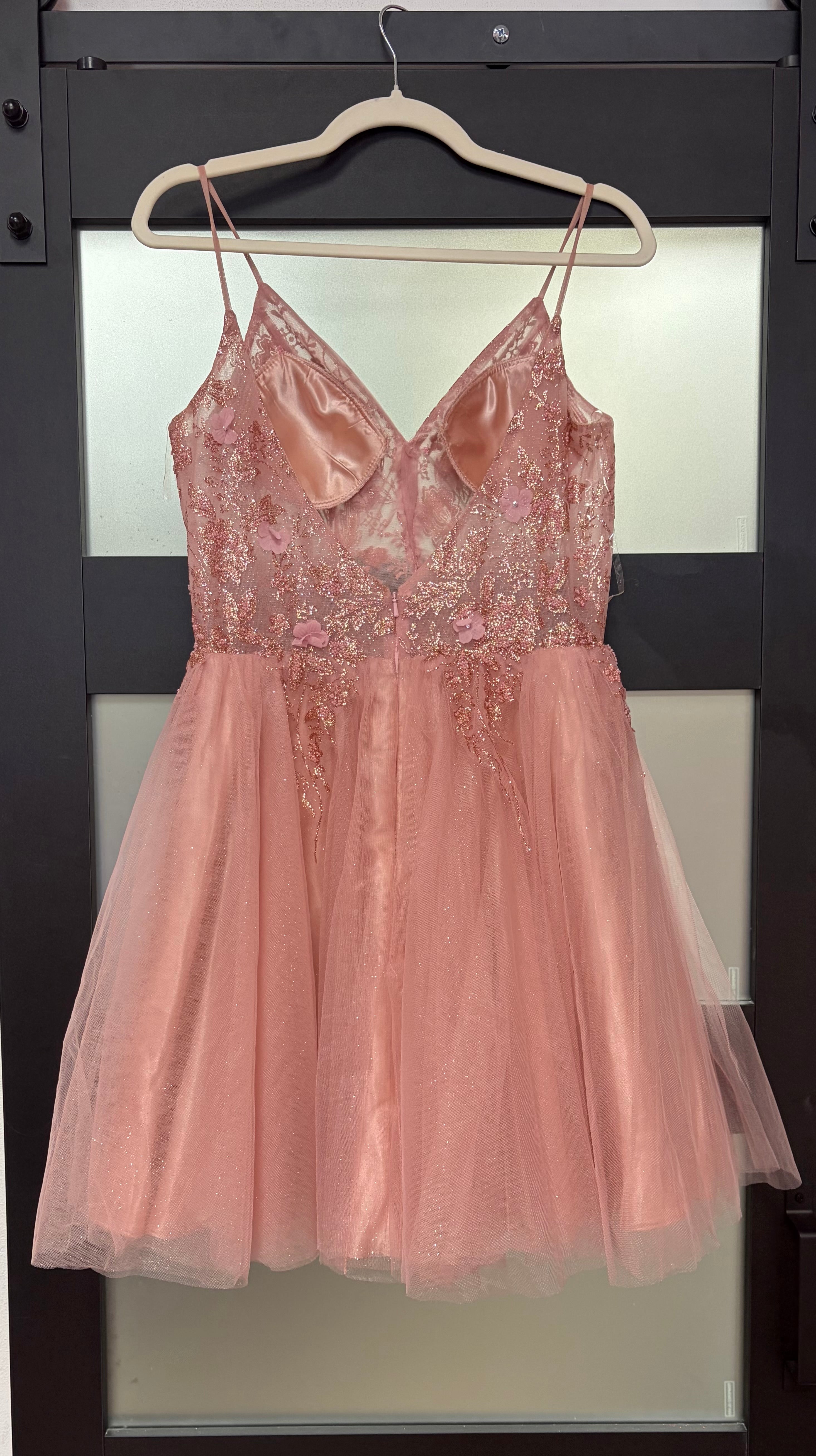 Coya Collection Blush Pink Glitter Tulle Homecoming Dress with 3D Floral Appliqué