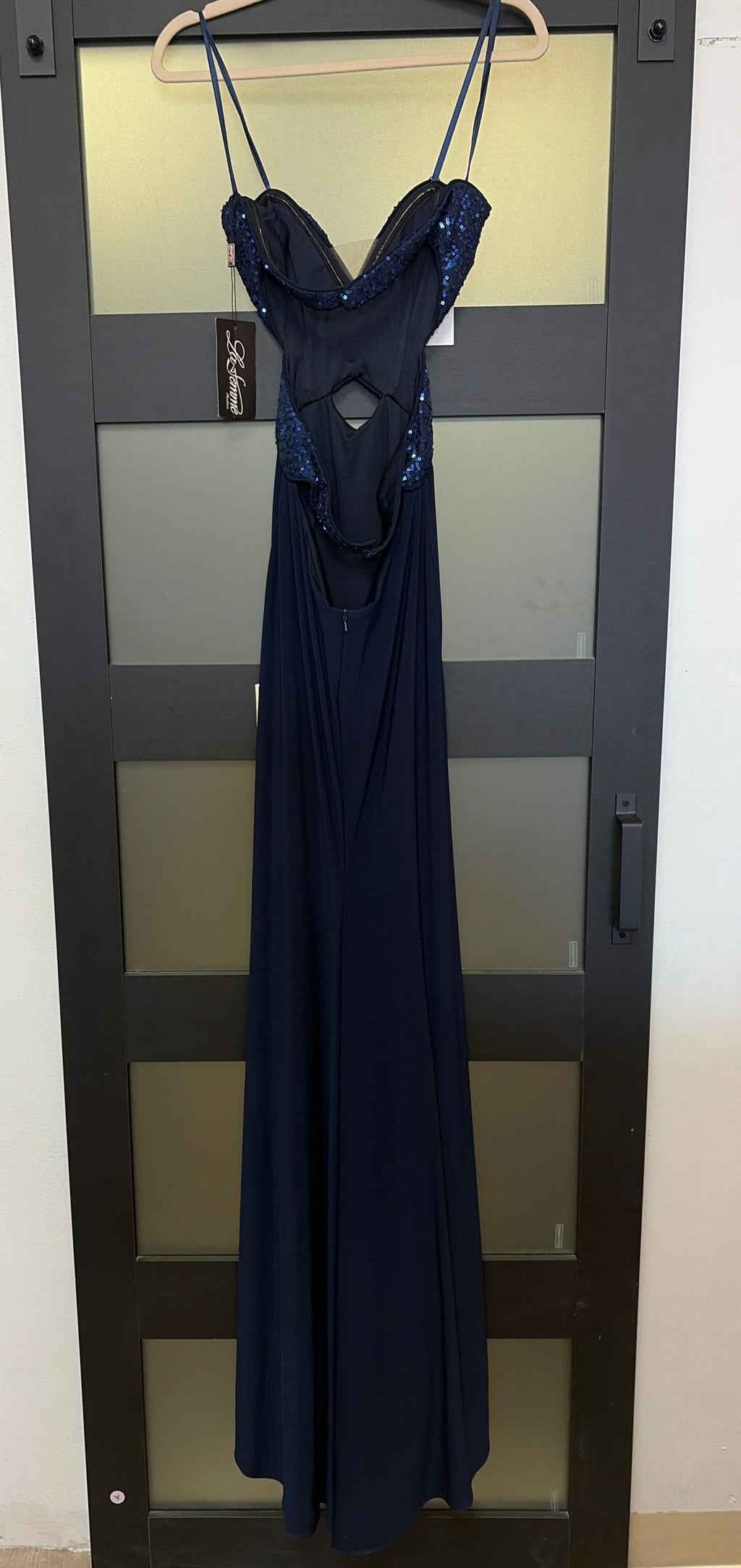 La Femme 22150 Navy Strapless Jersey Prom Gown with Sequin Sweetheart Bodice