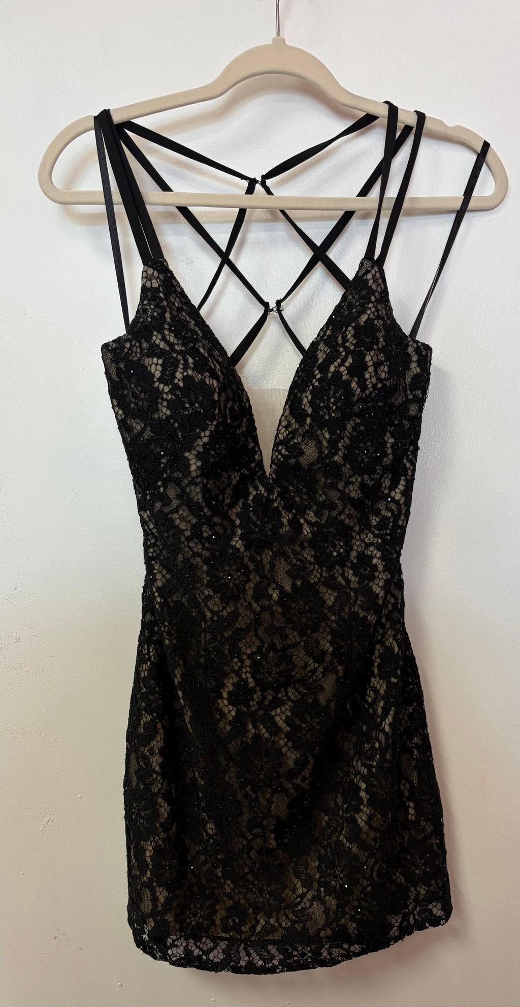 Colette by Mon Cheri CL219236 Black Lace Open Back Homecoming Dress