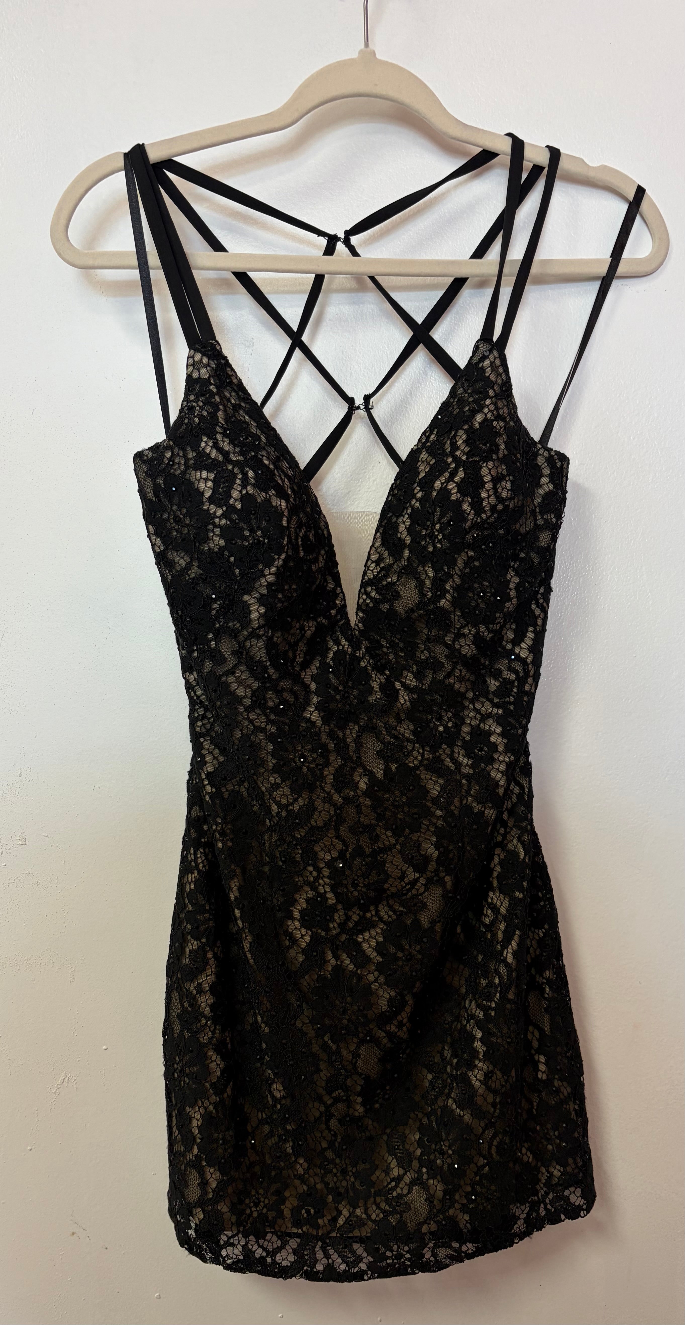 Colette by Mon Cheri CL219236 Black Lace Open Back Homecoming Dress