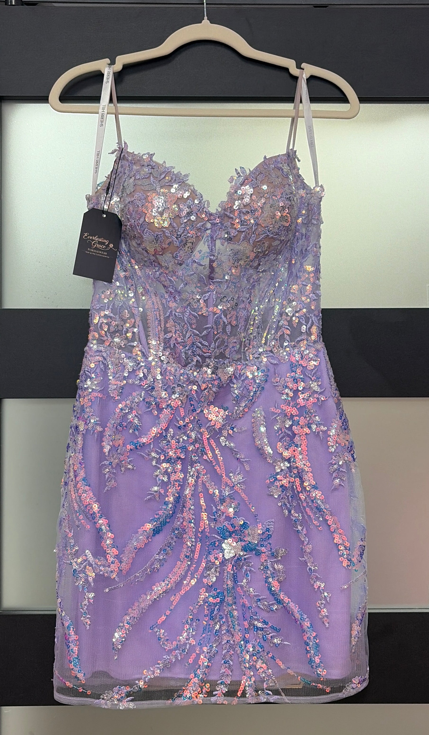 Sherri Hill 55686 Lilac Beaded Homecoming Dress with Iridescent Floral Sequin Embellishments
