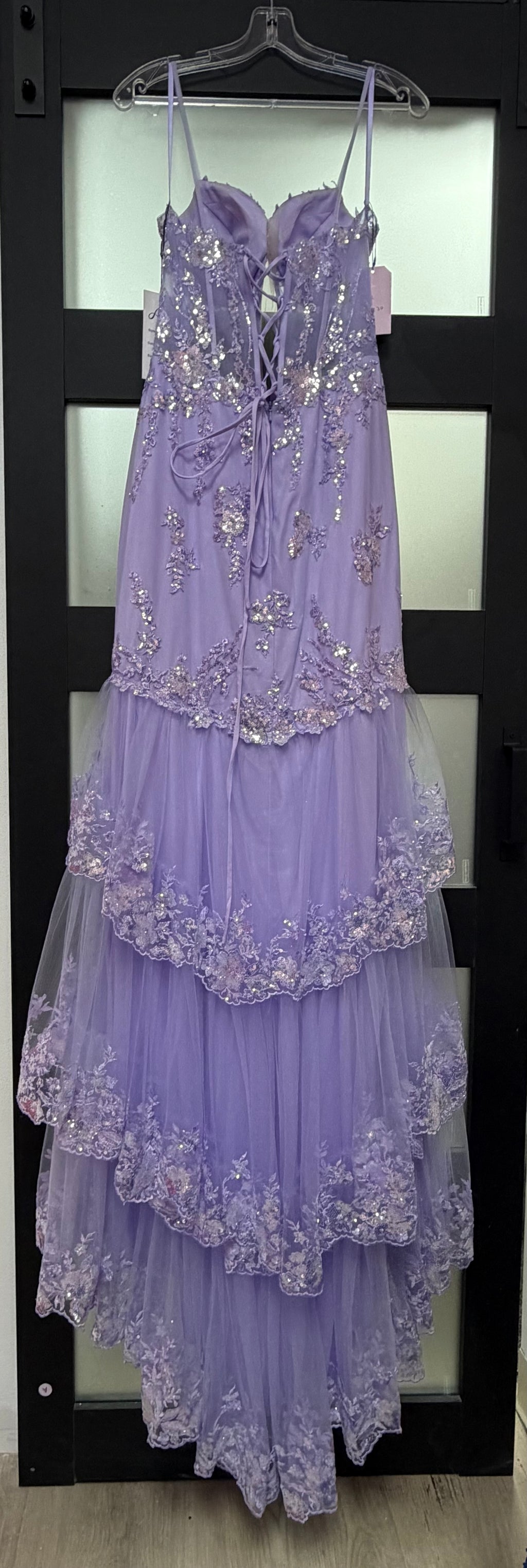 Adora 3219 Lavender Embellished Tiered Tulle Formal Gown with Corset Bodice and Lace Appliqué