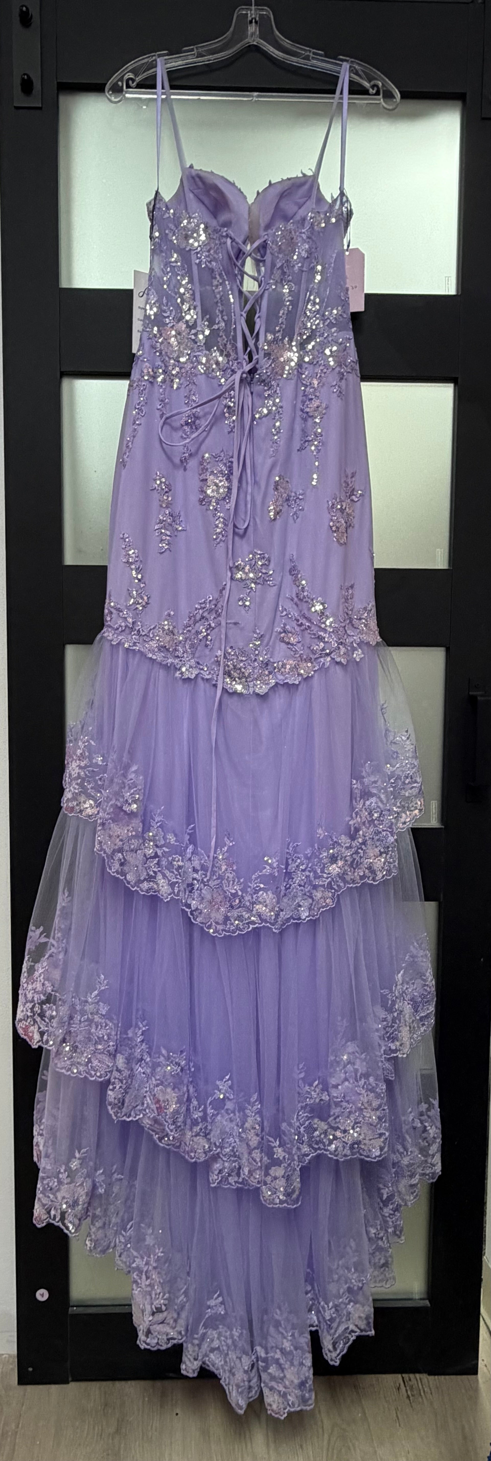 Adora 3219 Lavender Embellished Tiered Tulle Formal Gown with Corset Bodice and Lace Appliqué