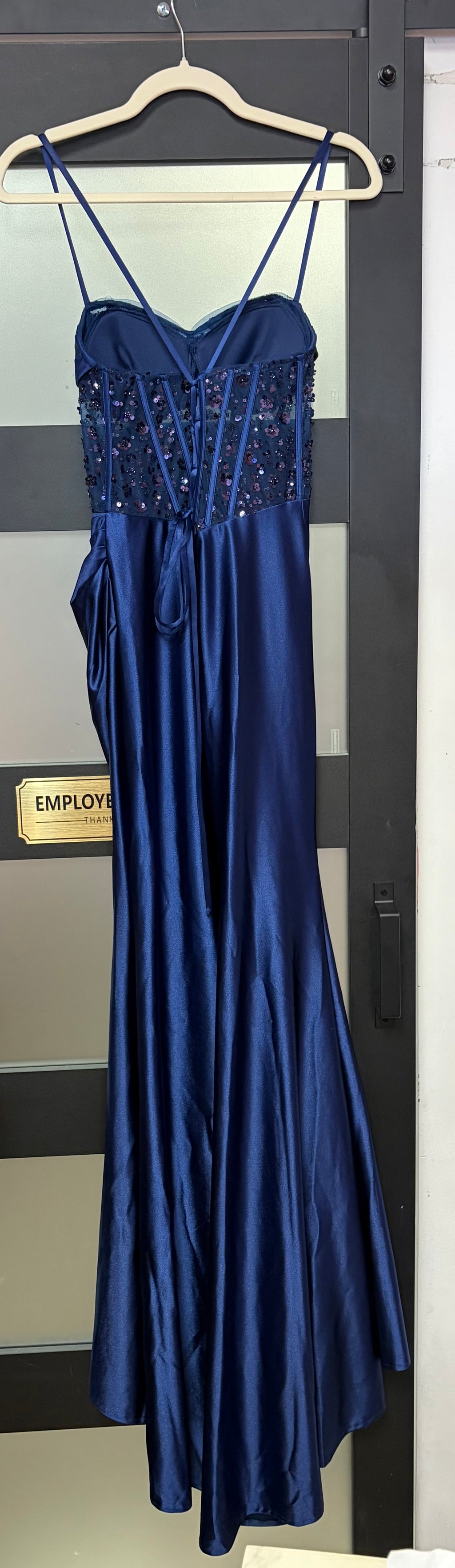 Navy Blue Embellished Corset Satin Formal Gown