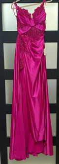 LaDivine CDS524 Fuchsia Satin Appliqué Prom Dress with Side Drape Detail