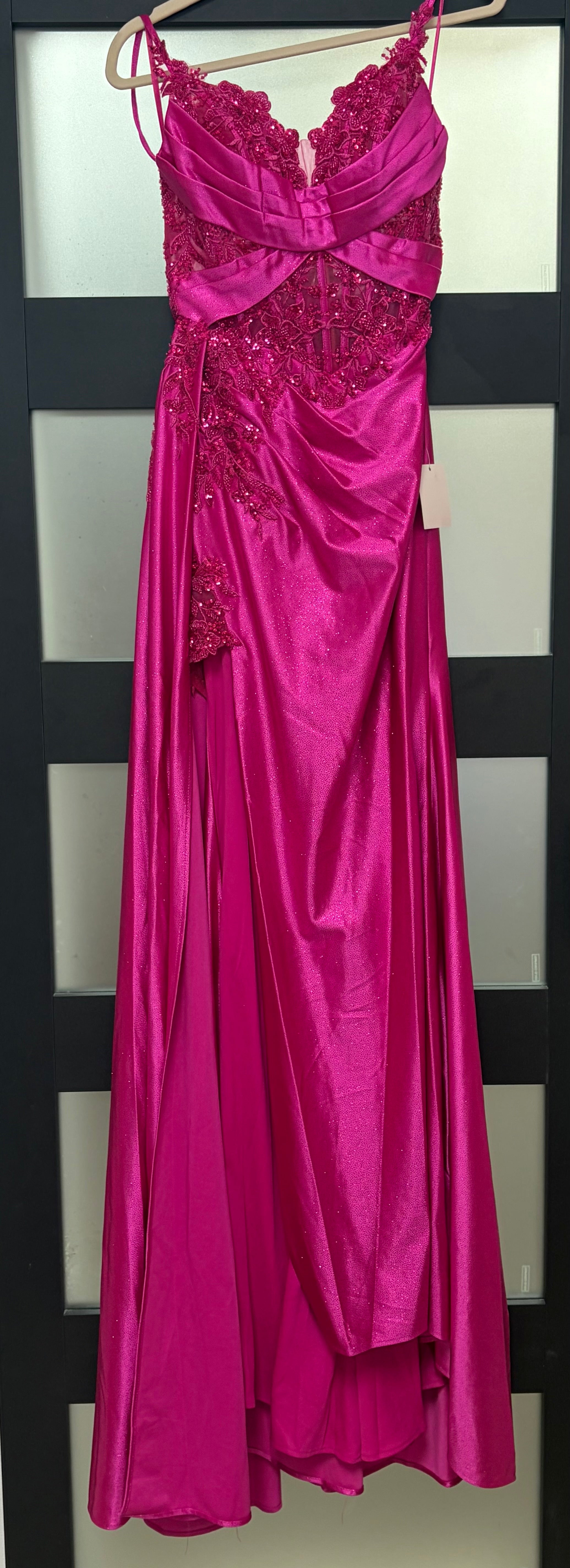 LaDivine CDS524 Fuchsia Satin Appliqué Prom Dress with Side Drape Detail
