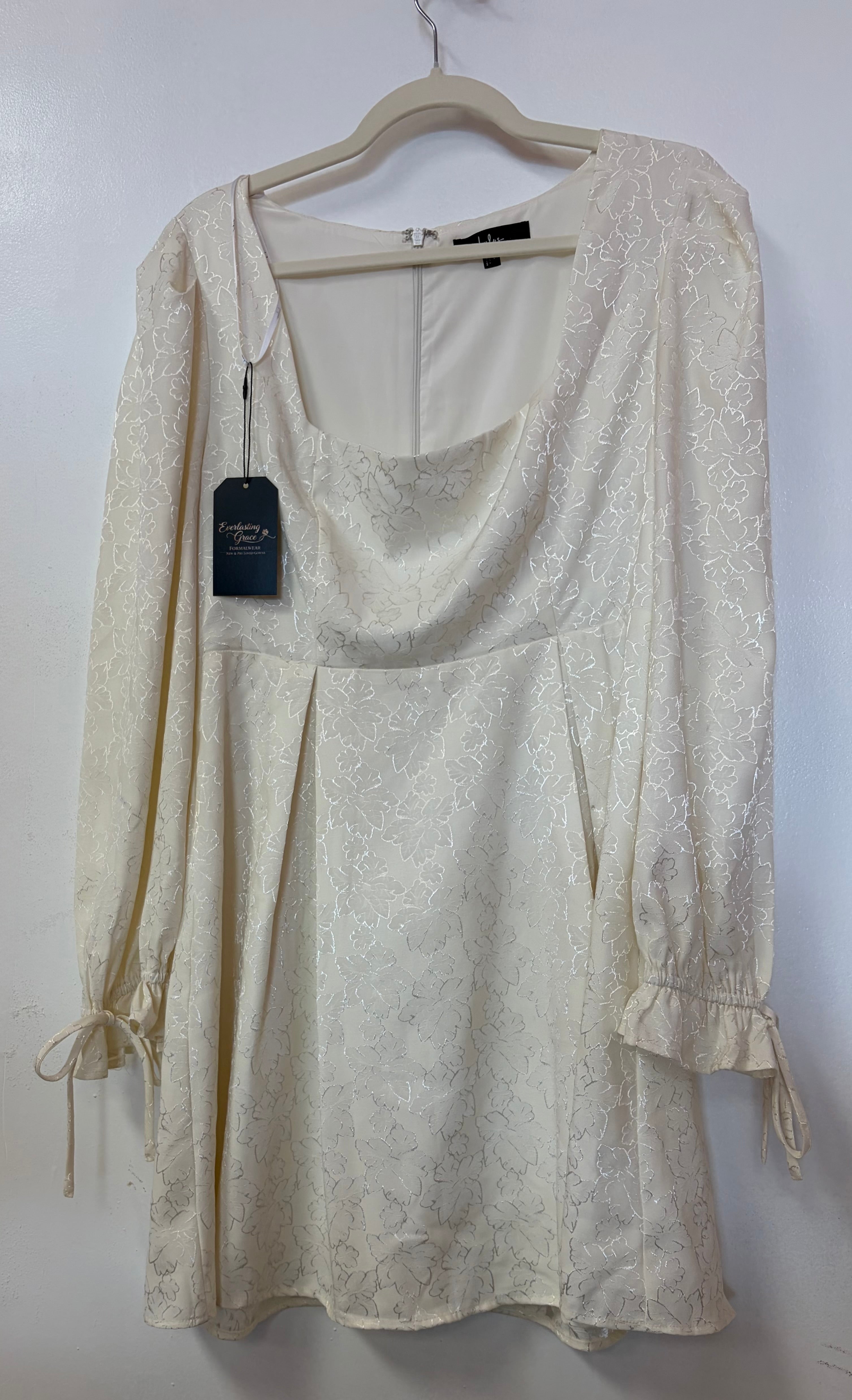 Lulus Ivory Floral Jacquard Mini Dress with Cowl Neck and Long Puff Sleeves