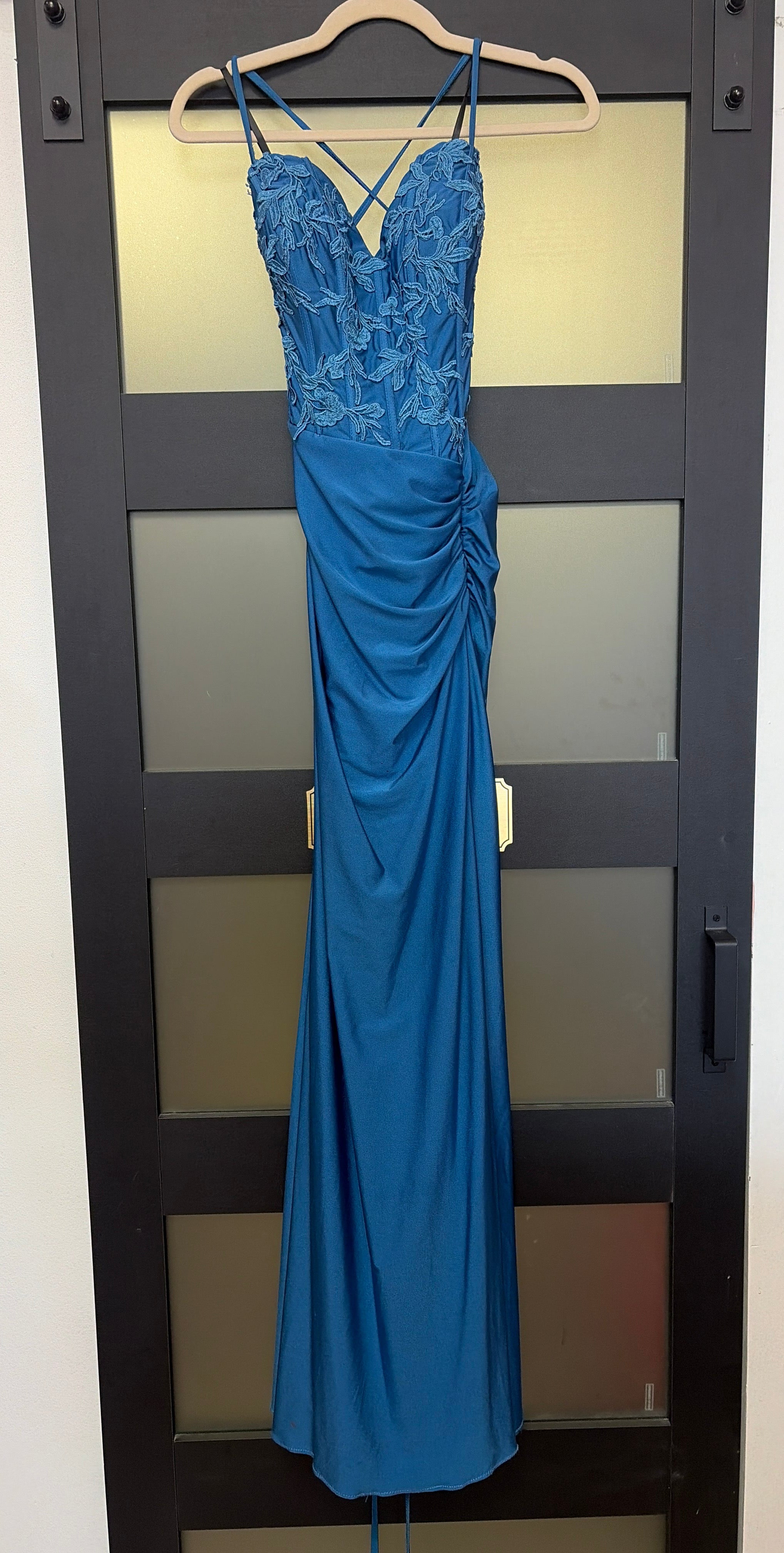 Blue Faviana style s10671 with floral details on top