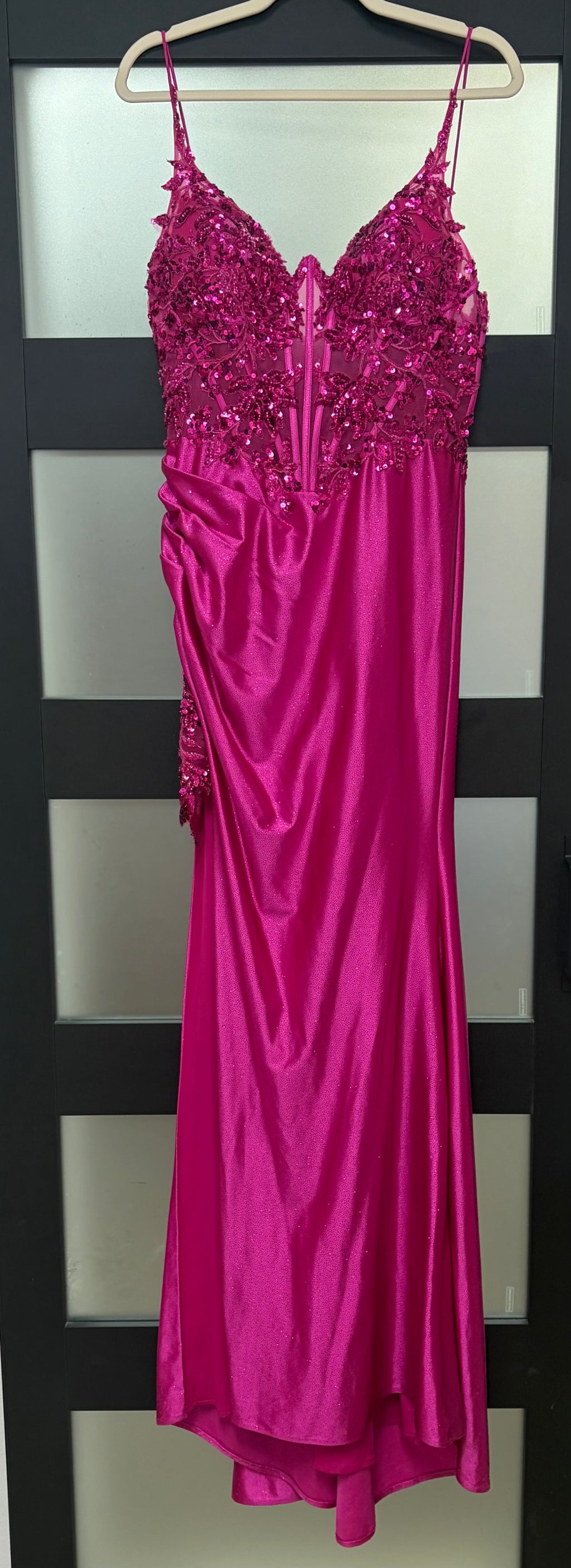 LaDivine S439 Fuchsia Satin Corset Prom Dress with Draped Overskirt